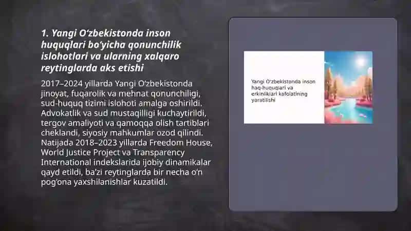 Yangi Oʻzbekistonda inson haq- huquqlari va erkinliklari kafolatining yaratilishi 3