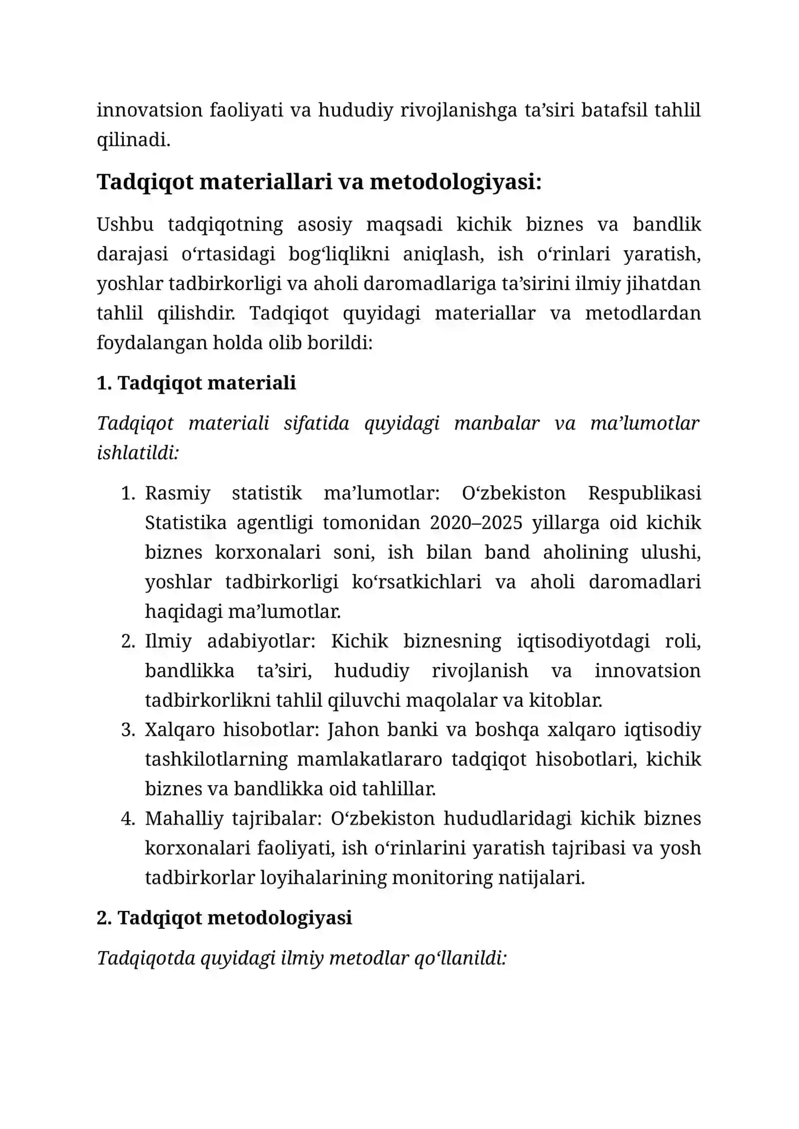 Kichik biznes va bandlik darajasi o'rtasidagi bog'liqlik 3