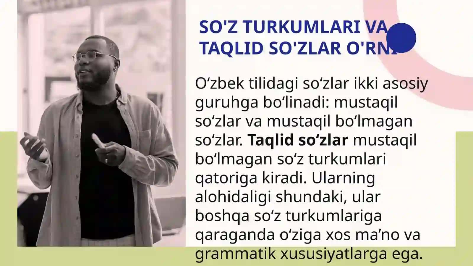 Taqlid so'zlar va ularning turlari. Ularning grammatik xususiyatlari 3