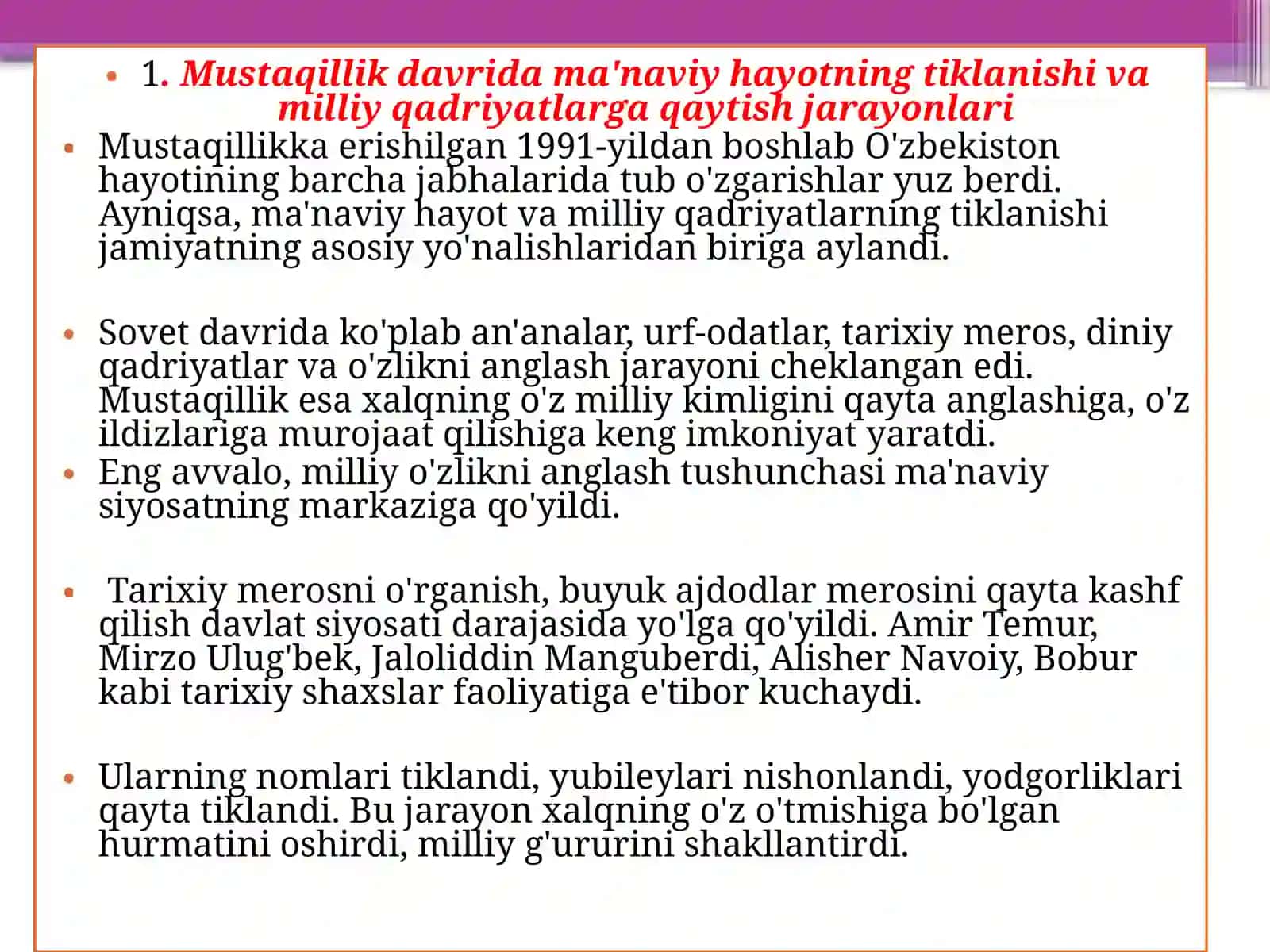 Angren Universiteti Davolash ishi fakultetining 25-3 guruh talabasi Safaraliyeva Mehribonning O'zbekistonning eng yaxshi ta'rixi fanidan ma'naviy hayotdagi o'zgarishlar, madaniy taraqqiyot 3