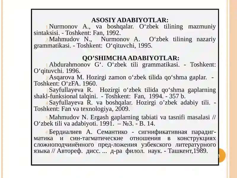 "HOZIRGI O’ZBEK ADABIY TILI”(QO’SHMA GAP SINTAKSISI) 3