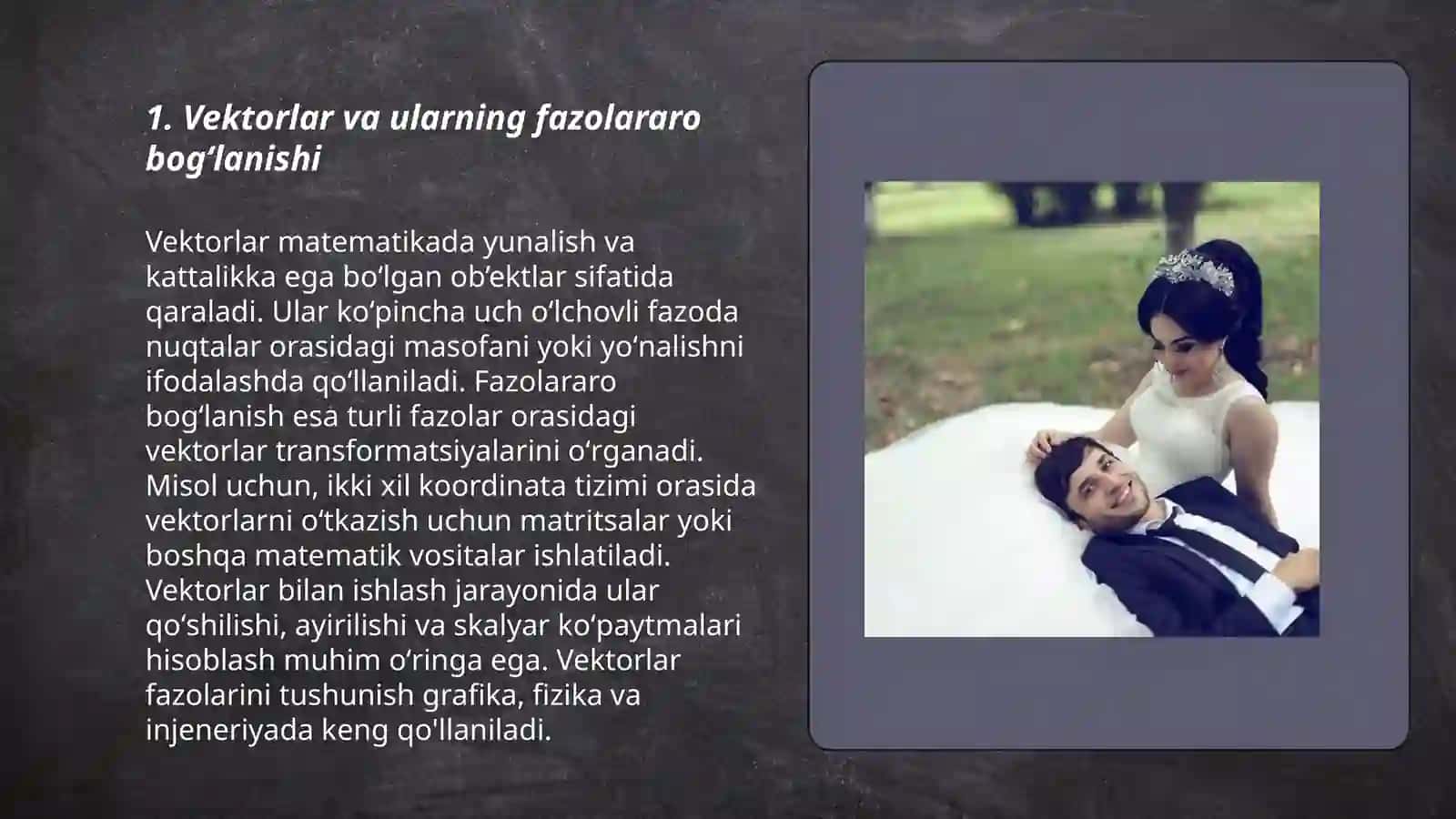 Turli bazeslarda vektor orasidagi koordinatalar bogʻlanish.Qism fazo.Qism fazolarni yigʻindisi va kesishmasi 3