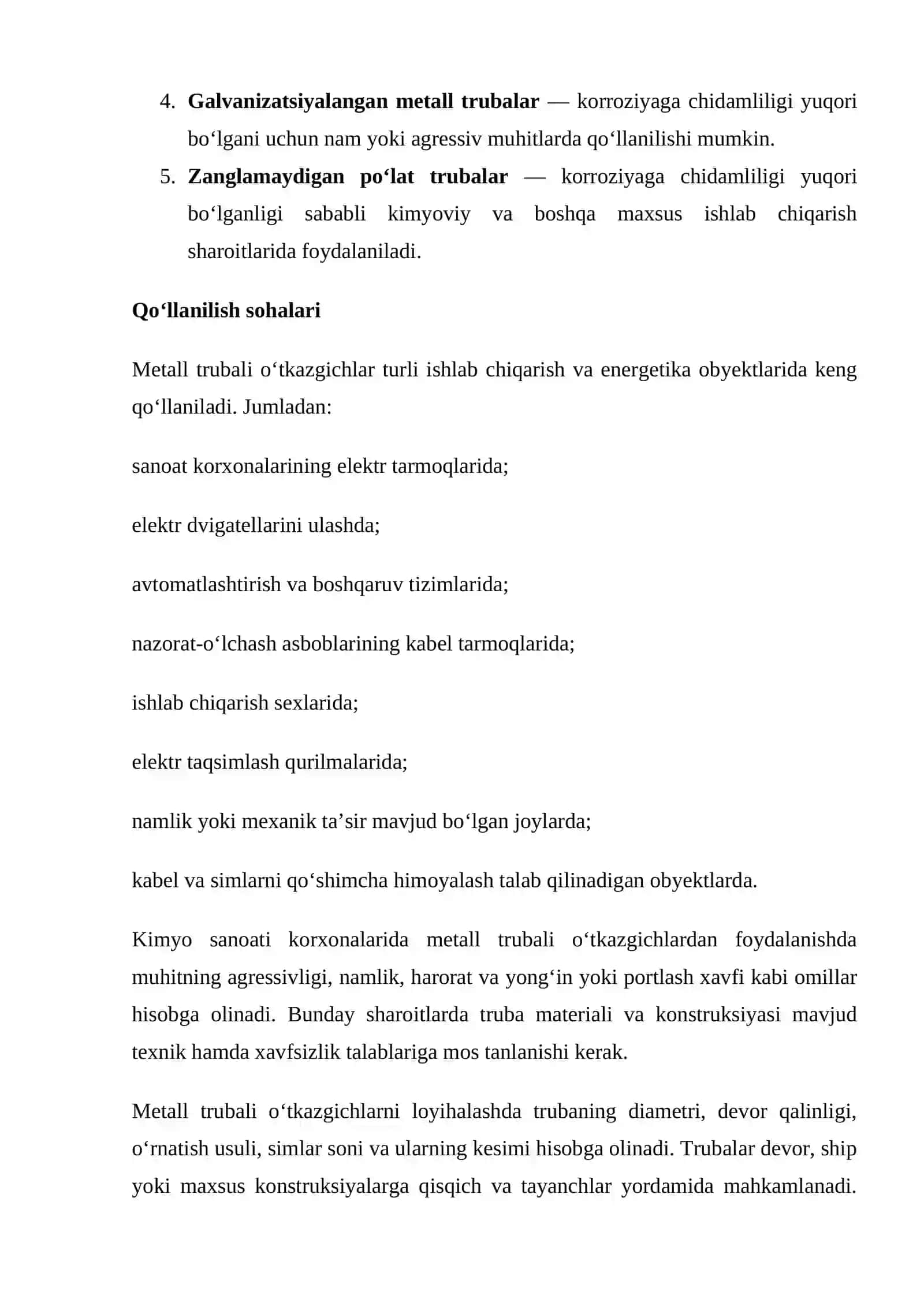 mustaqil ish Metall trubali o‘tkazgichlarning afzallik va kamchiliklarini o‘rganish 3