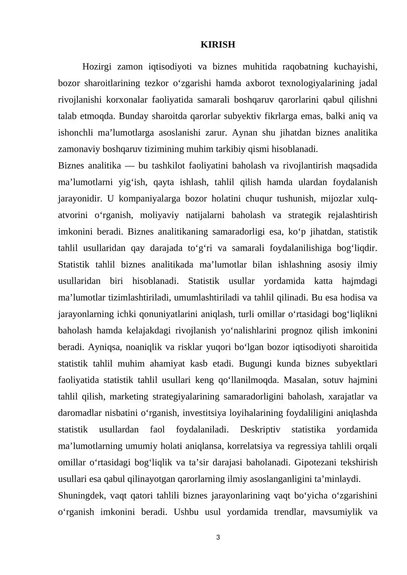 Biznes analitikada statistik usullar va ularning qo‘llanilishi – asosiy statistik tahlil usullarini tushuntirish. 3