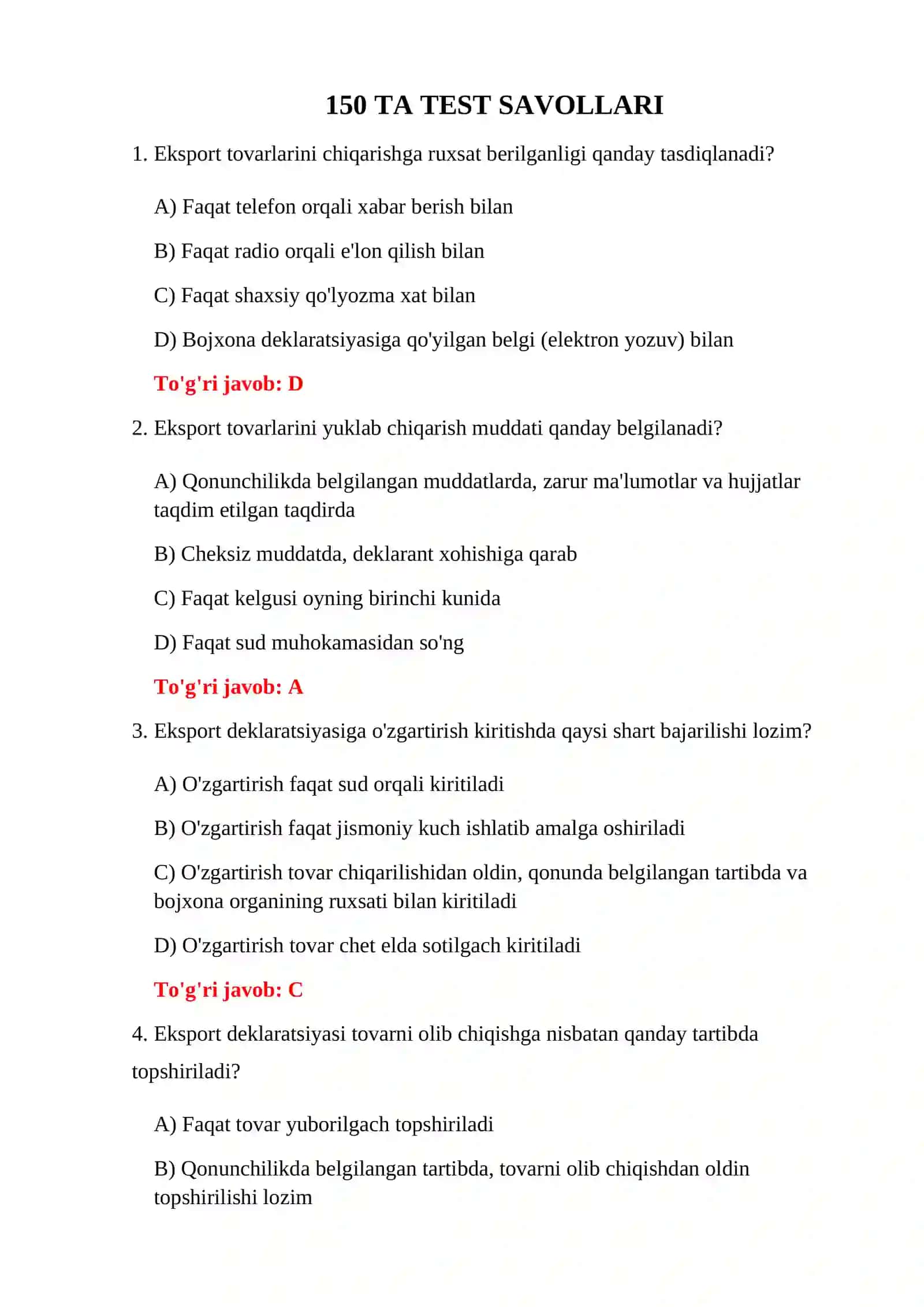 IMPORT BOJXONA TESTLARI 3