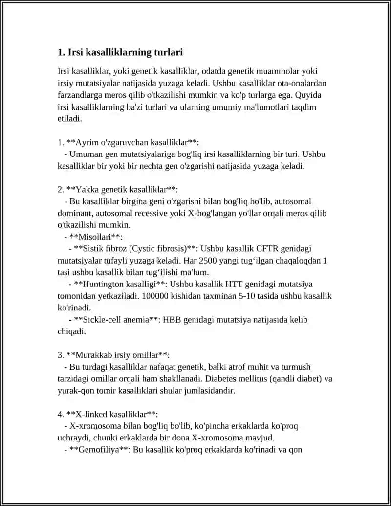 MUSTAQIL ISH Mavzu: IRSIY KASALLIKLAR. TIBBIY GENETIK MASLAHAT 3