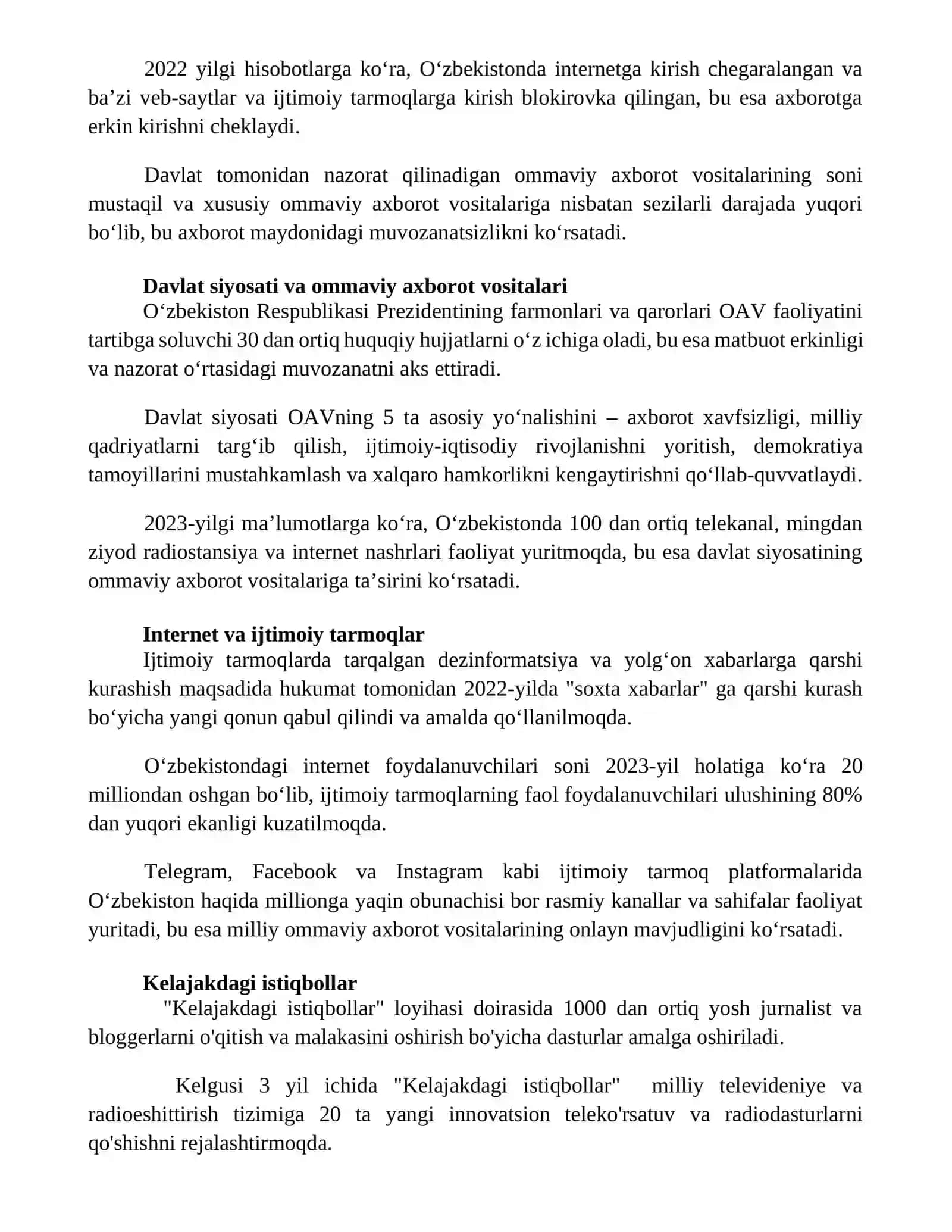 O‘zbekiston Respublikasida ommaviy axborot vositalarining faoliyati 3