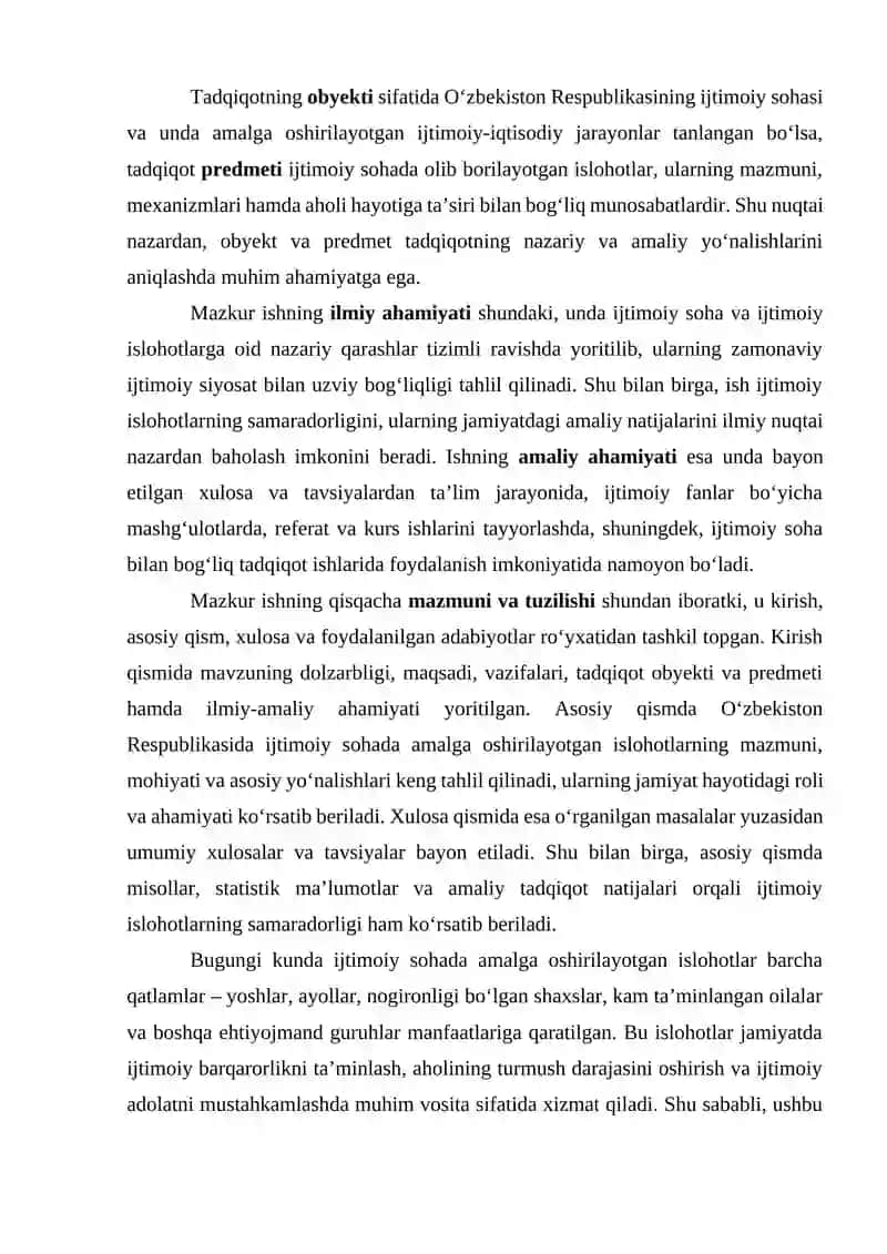 O'zbekiston respublikasi ijtimoiy sohada amalga oshirilayotgan islohotlarning mazmun va mohiyati 3
