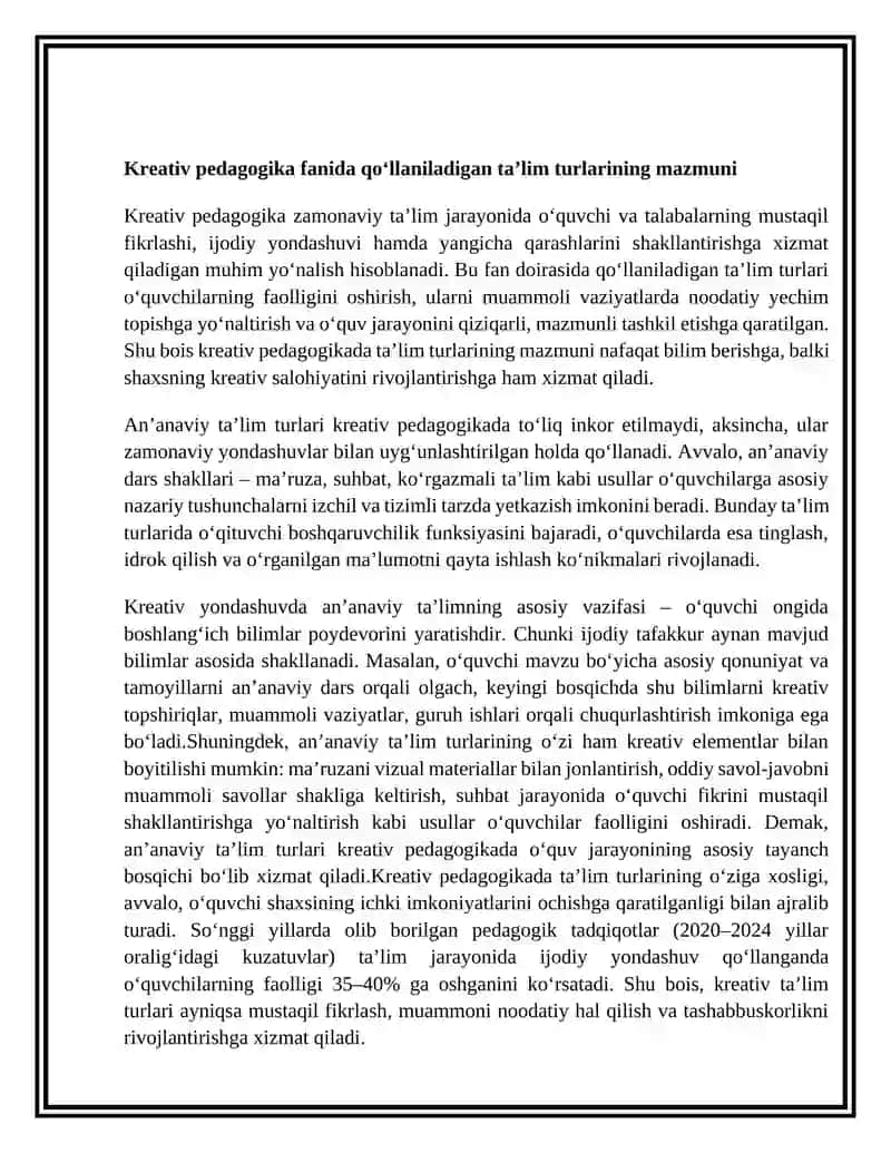 Kreativ pedagogika fanini o‘qitishda ta’lim turlari va shakllari tavsifi 3