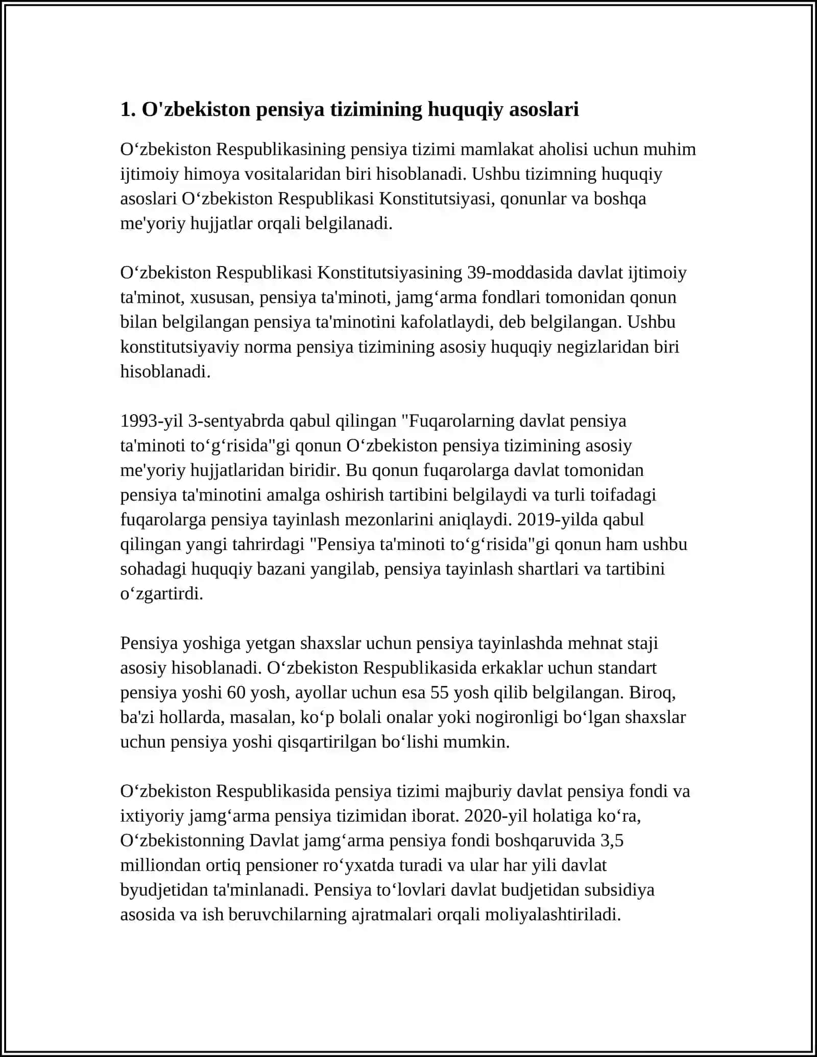 MUSTAQIL ISH Mavzu: O'ZBEKISTON RESPUBLIKASIDA PENSIYA TIZIMI (HUQUQIY ASOSLARI VA RIVOJLANISH TARIXI ISLOHATLAR VA ISTIQBOLLAR) 3