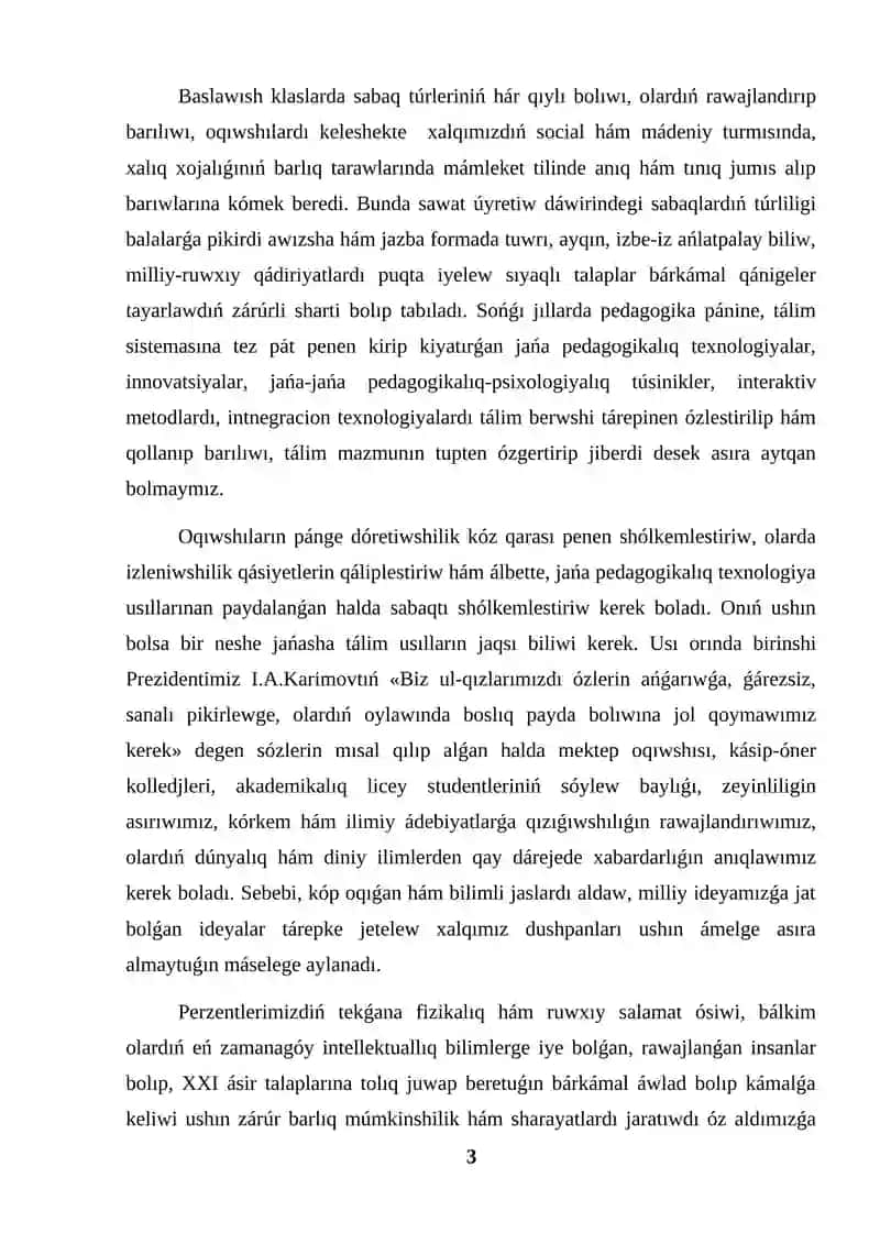 SAWAT ÚYRETIW DÁWIRINDE SABAQ TÚRLERI QARAQALPAQSHA KURS JUMISI 3