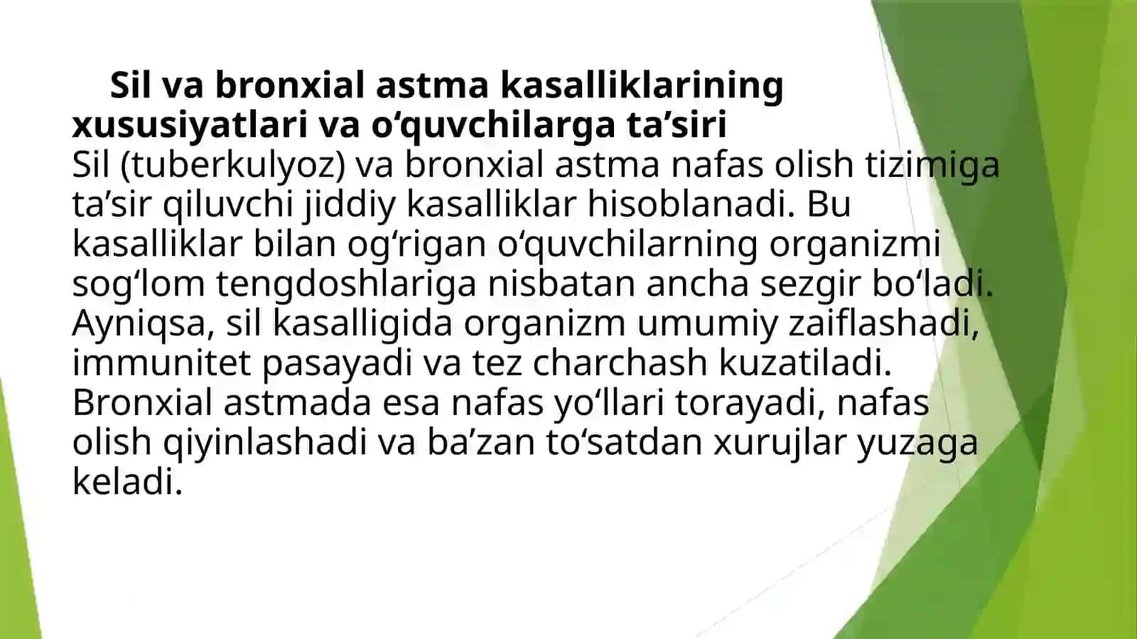 Sil va bronxial astma kasalliklari bilan og'rigan maktab o'quvchilari bilan mashg'ulot 3