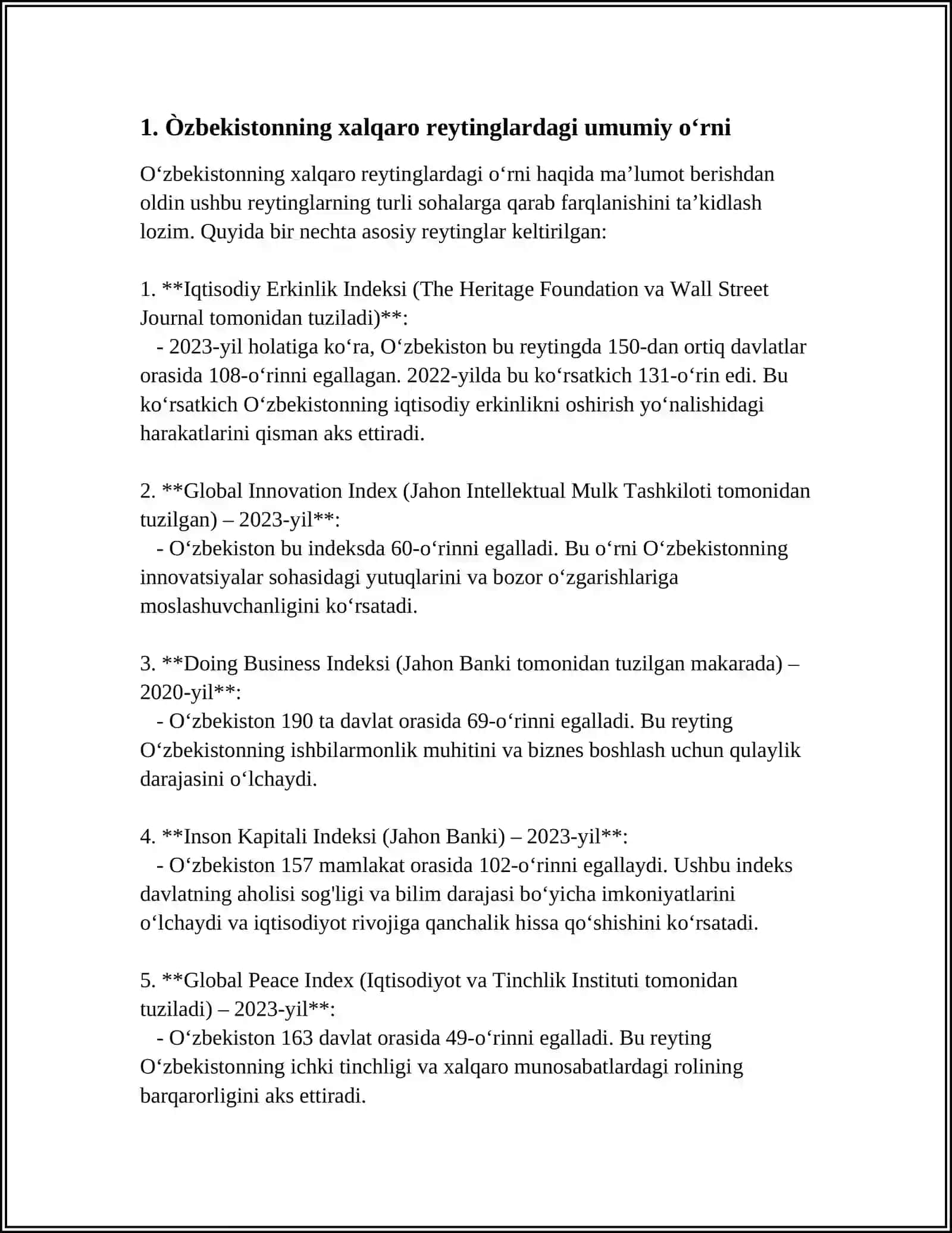 ÒZBEKISTON RESPUBLIKASINING XALQARO REYTING VA INDEKSLARDAGI ÒRNI VA NUFUZINI ORTIB BORISHI 3