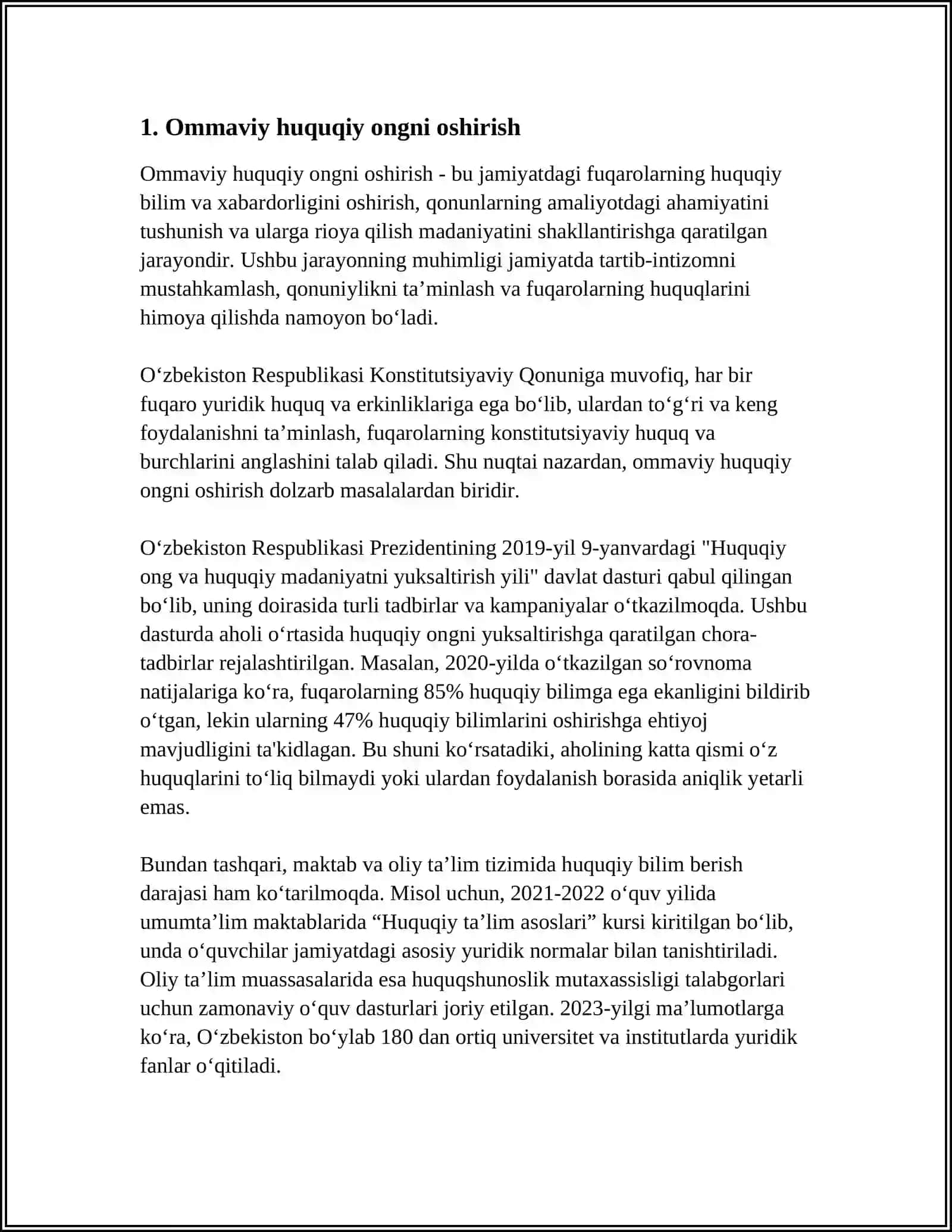 MUSTAQIL ISH Mavzu: ÕZBEKISTON RESPUBLIKASIDA HUQUQIY MADANIYATNI YUKSALTIRISH 3