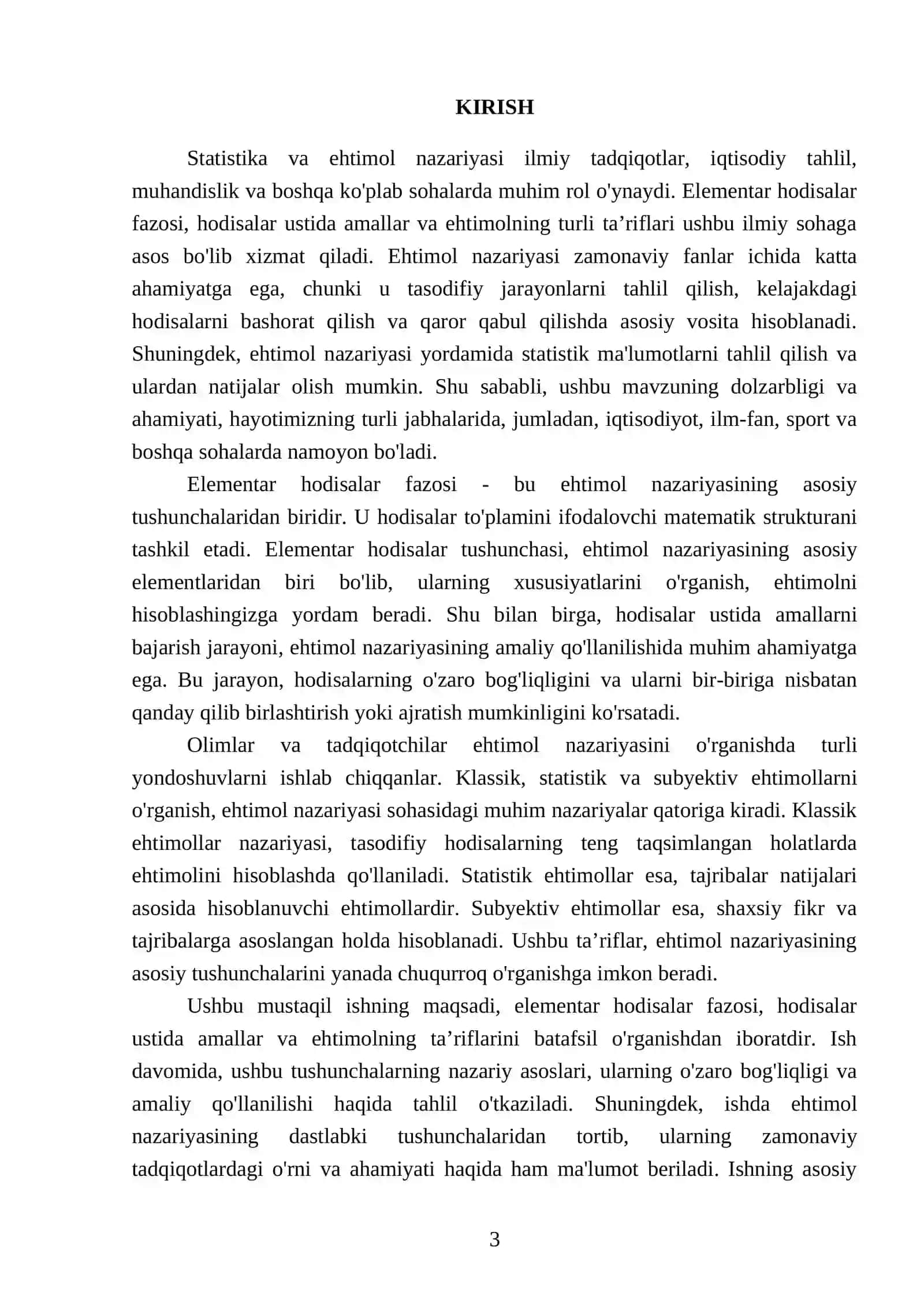 Elementar hodisalar fazosi. Hodisalar ustida amallar. Ehtimolning ta’riflari 3