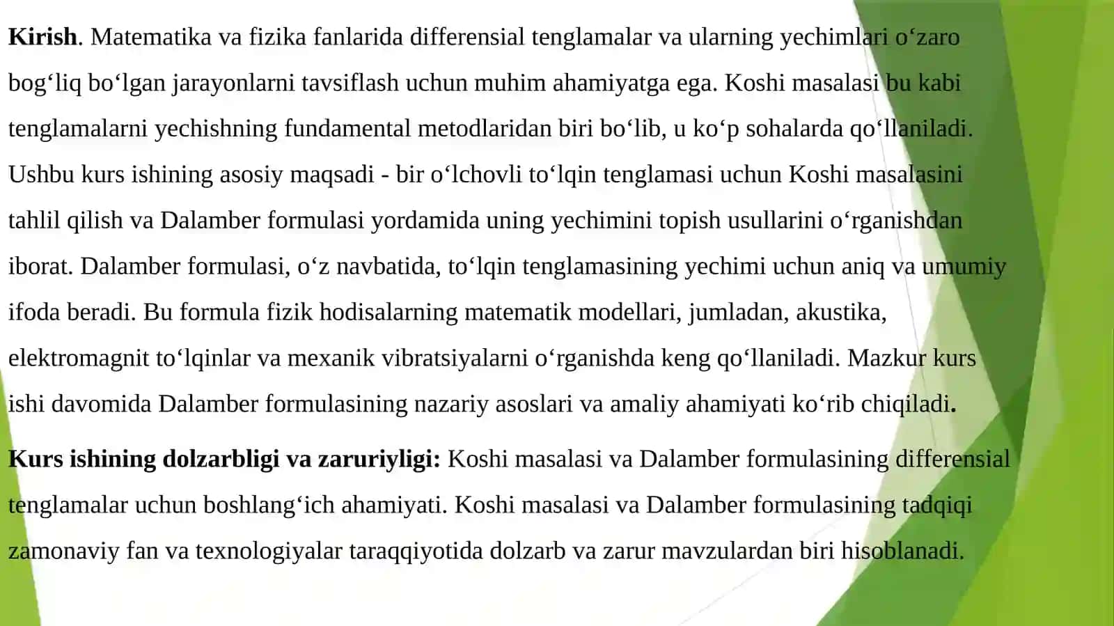 Koshi masalasi va tor tebranish tenglamasi 3