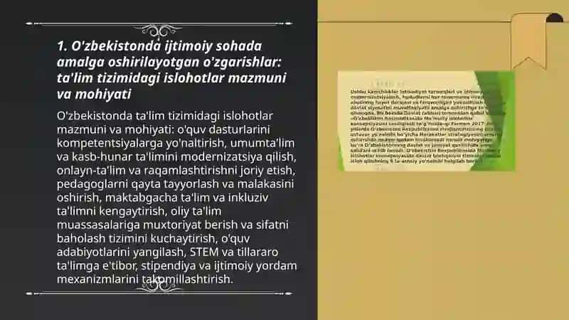 O'zbekistonda ijtimoiy sohada amalga oshirilayotgan o'zgarishlar: ta'lim tizimidagi islohotlar mazmuni va mohiyati 3