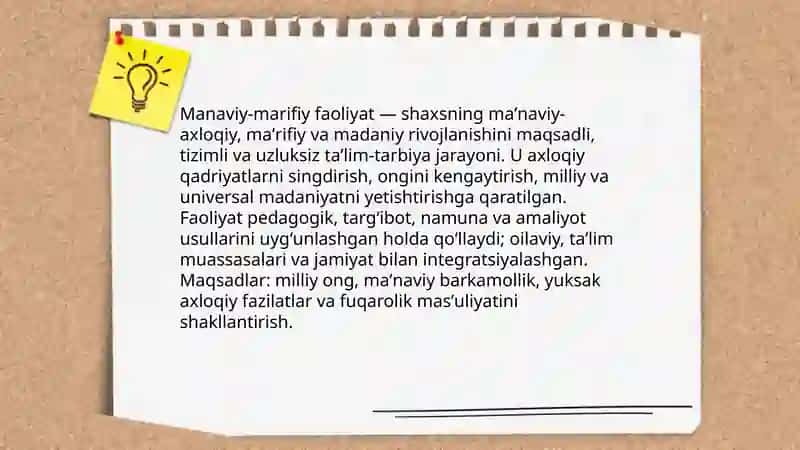 Manaviy-marifiy va tarbiyaviy faoliyatning mohiyati va asosiy yoʻnalishlari 3