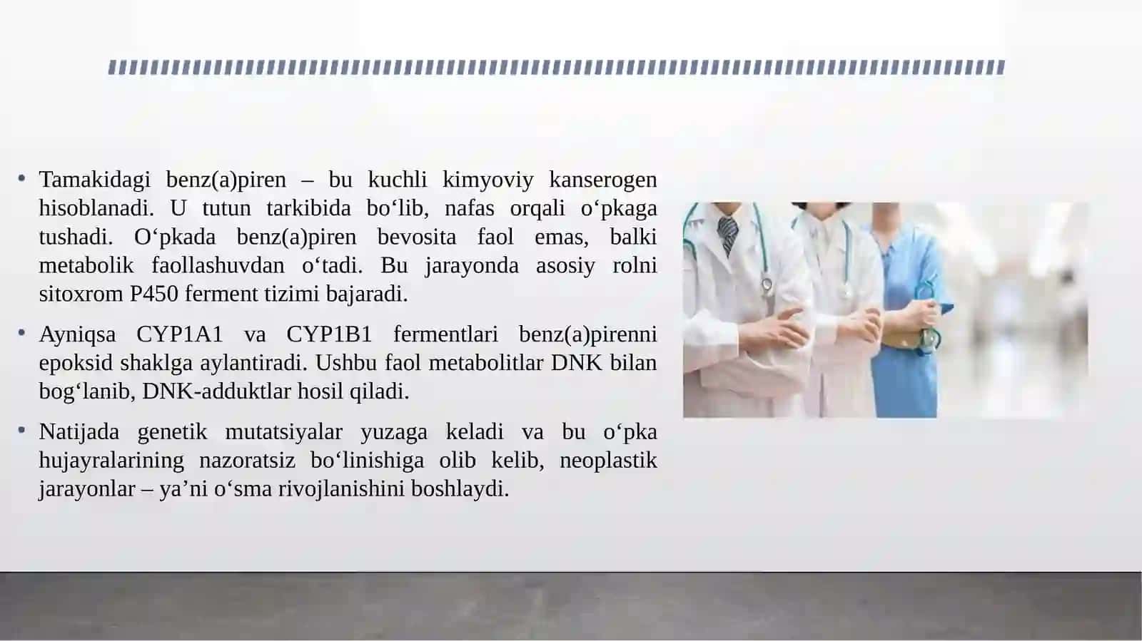 Tamakidagi benz(a)pirenni o'pkada neoplastik jarayonlar O'sma hujayralarining kimyoviy dori vositalariga multirezistenligi. Sitoxrom p 450 oqsil polimorfozmi va kimyoviy kanserogenez 3
