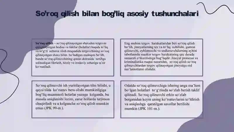 o’zbekiston respublikasi jinoyat kodeksining 96-113-moddalari  Jinoyat protsessida so’roq qilish tartibi 3