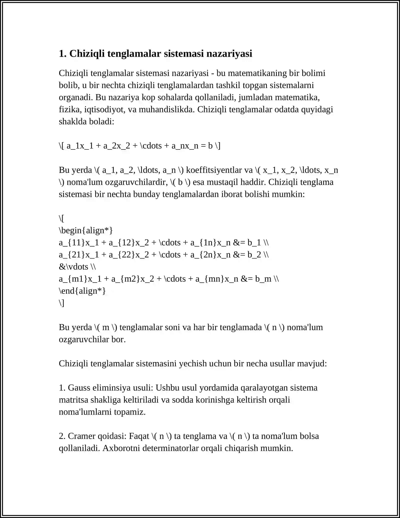 CHZIZQLI TENGLAMALAR SISTEMASI UCHUN KRONEKR KAPELLI TEOREMASI 3