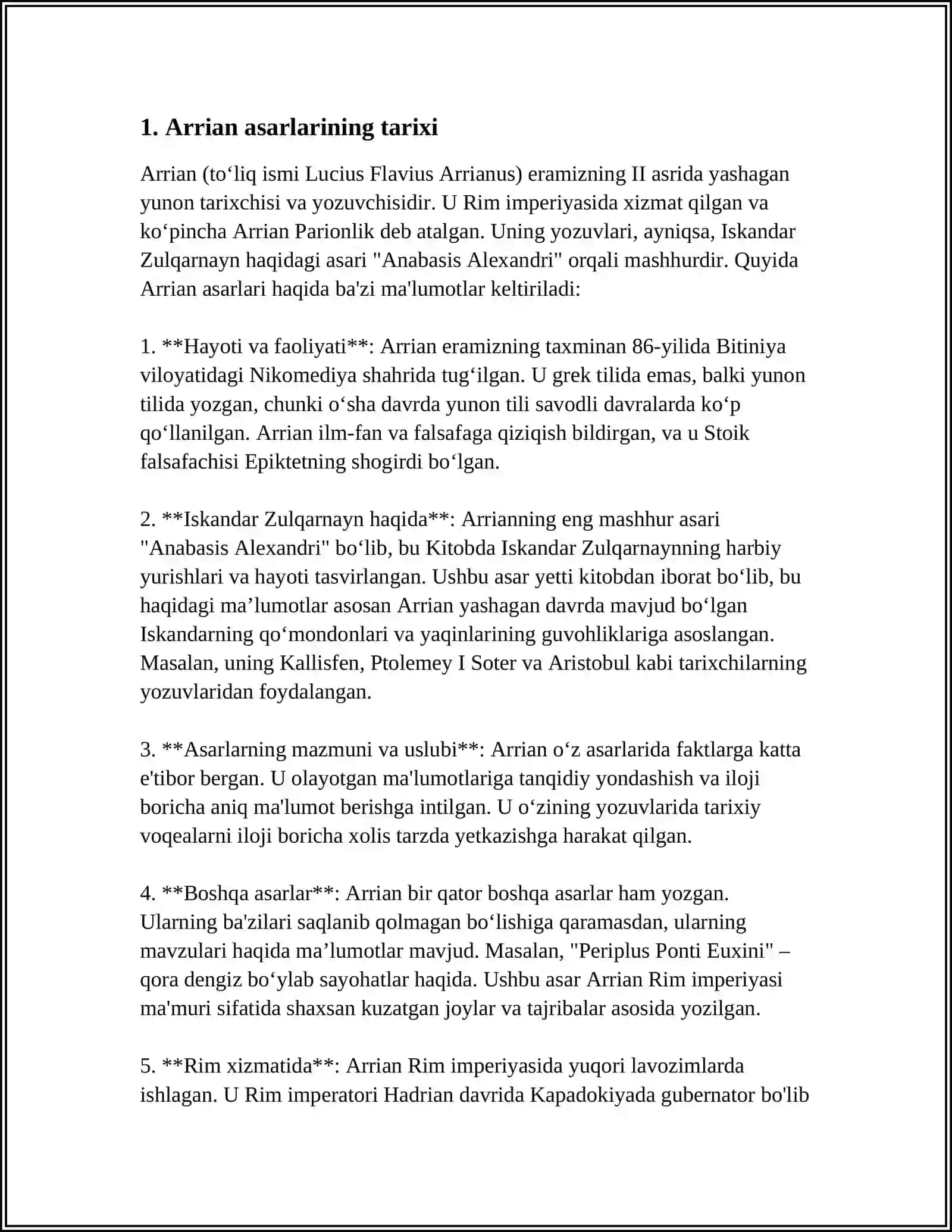 MUSTAQIL ISH Mavzu: YOZMA MANBALAR. ARRIAN,KVINT KURSIY RUF HIKOYALARI 3