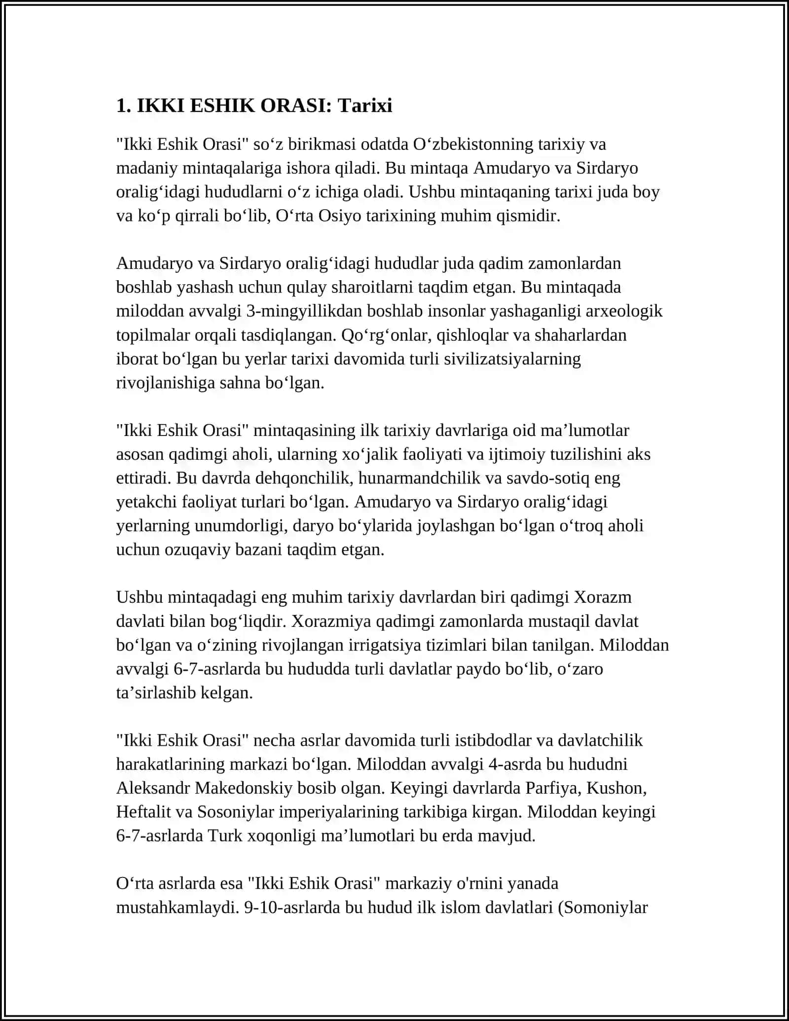 MUSTAQIL ISH Mavzu: IKKI ESHIK ORASI ASARI TAXLILI 3