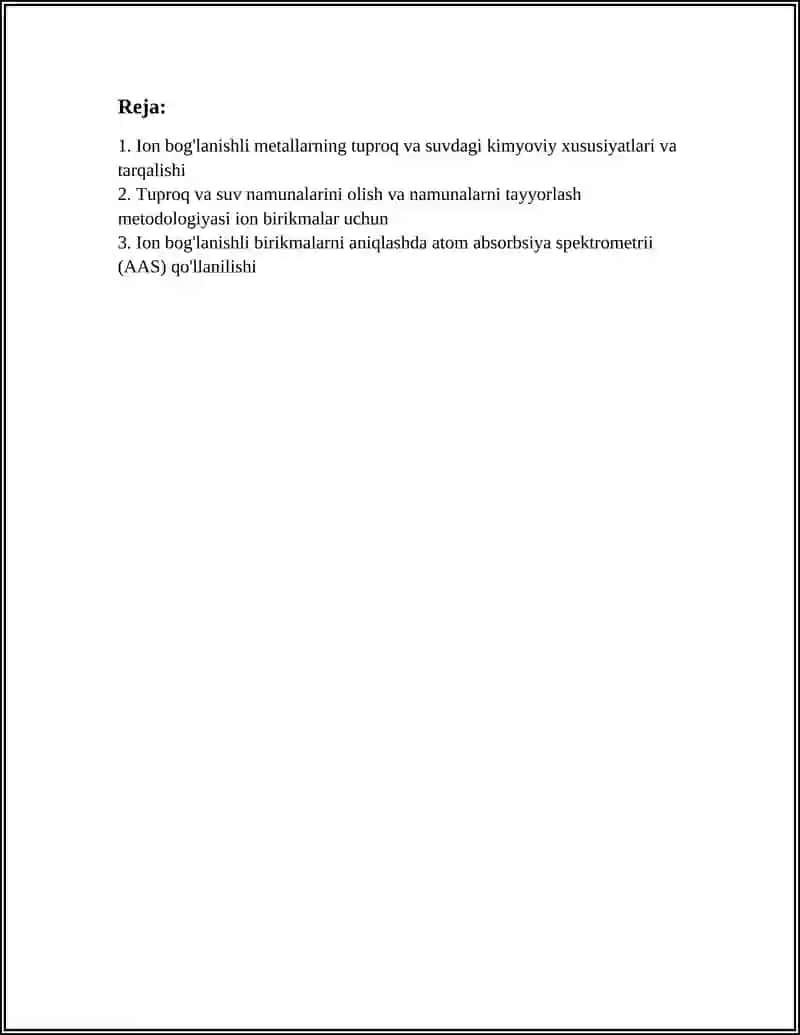 TUPROQ VA SUVNING IFLOSLANISHIDA ION BOĞLANISHLI BIRIKMALARNI ANIQLAB ULARDAN TOZALASH USULINI ISHLAB CHIQISH 3