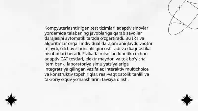 Fizika bilimlarini baholashda axborot texnologiyalarini qo'llash usullarini tahlil qiling va misollar keltiring 3