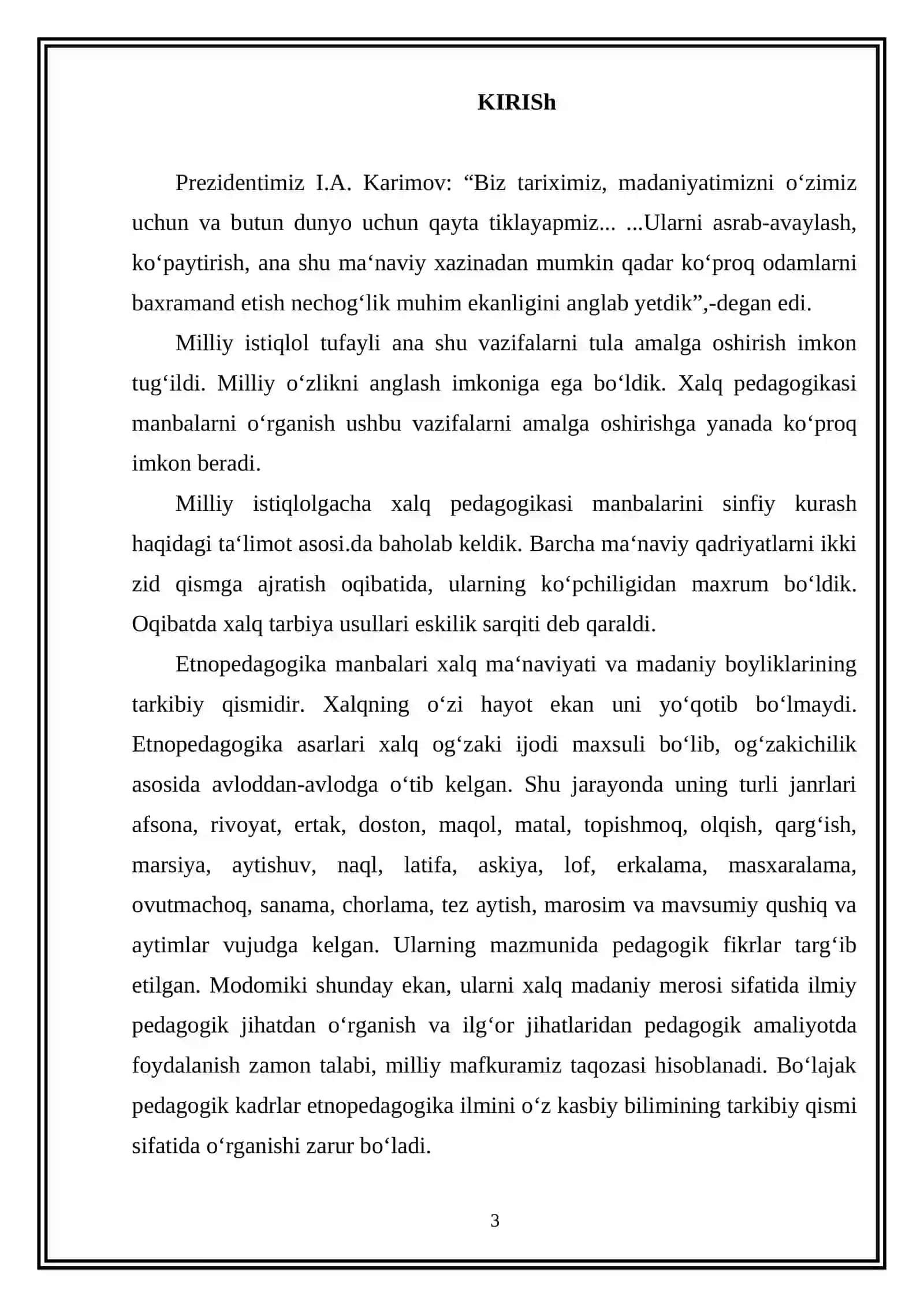 “O‘ZBEK XALQ PEDAGOGIKASINING IMKONIYATLARI VA ISTIQBOLLARI” MAVZUSIDAGI KURS ISHI 3