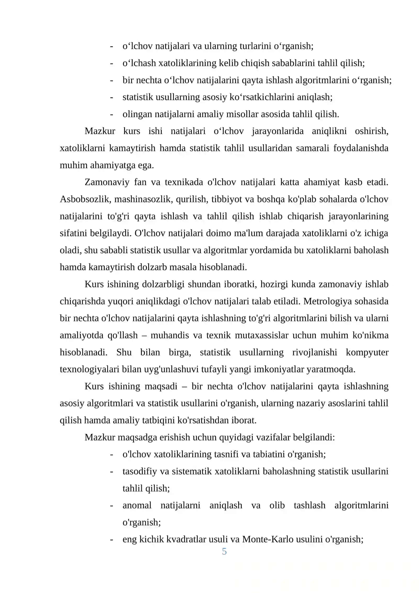 Bir nechta o‘lchov natijalarini qayta ishlash algoritmlari va statistik usullari. 3