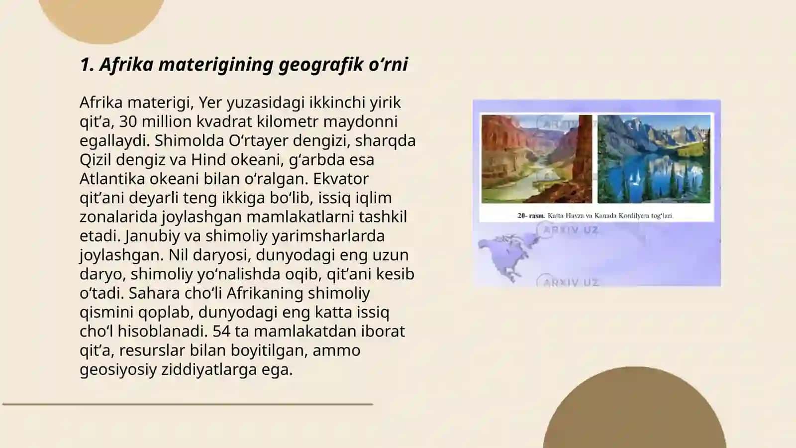 Afrika materigi geografik oʻrni, oʻrganish tarixi, tektonik tuzilishi 3