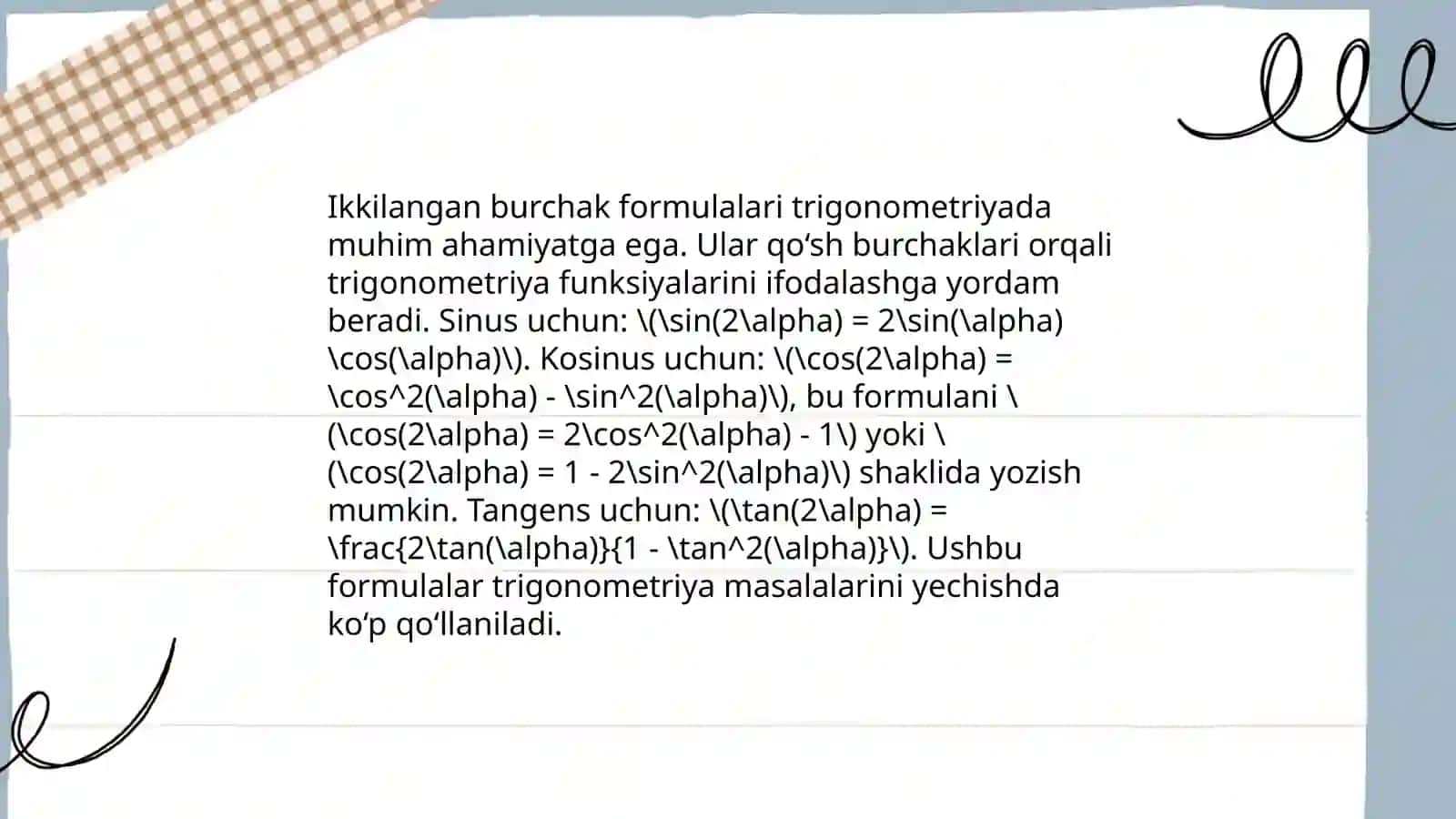 Ikkilangan burchakning sinusi, kosinusi formulalari 3