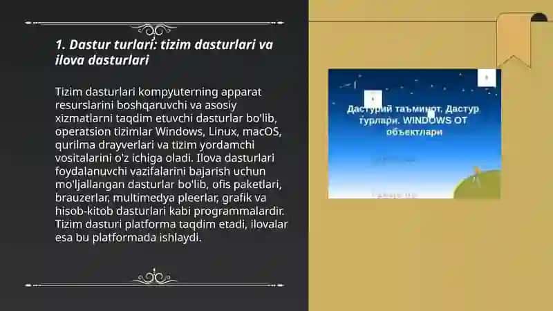 Dastur turlari.OT turlari vindovs operatsion tizimini kompyuterga o'rnatish ( instalizatsiya qilish) Operatsion sistemaning boshqa turlari 3