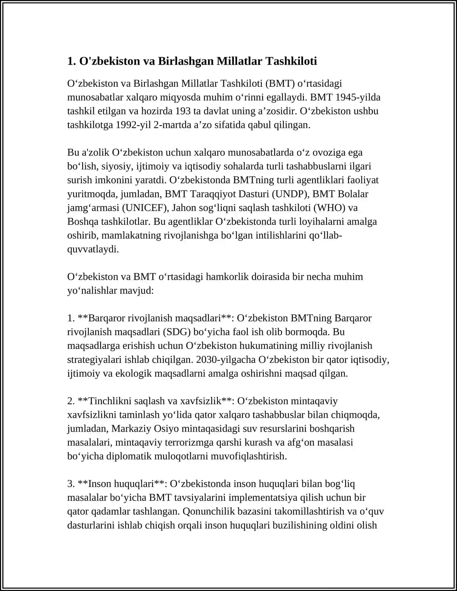O'ZBEKISTONNING XALQARO TASHKILOTLAR BILAN HAMKORLIK ALOQALARI 3