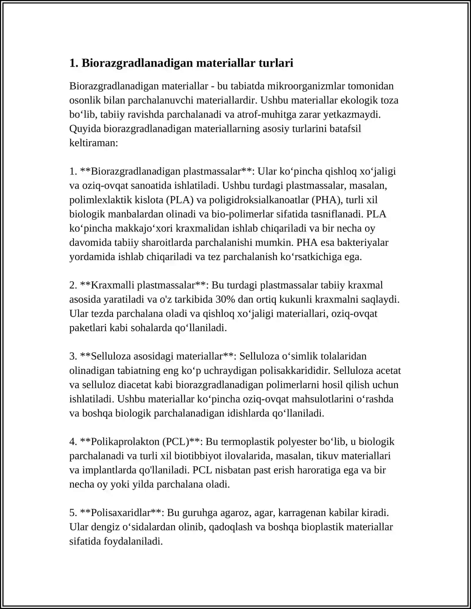 MUSTAQIL ISH Mavzu: BIORAZGRADLANUVCHI MATERIALLAR ISHLAB CHIQARISH 3