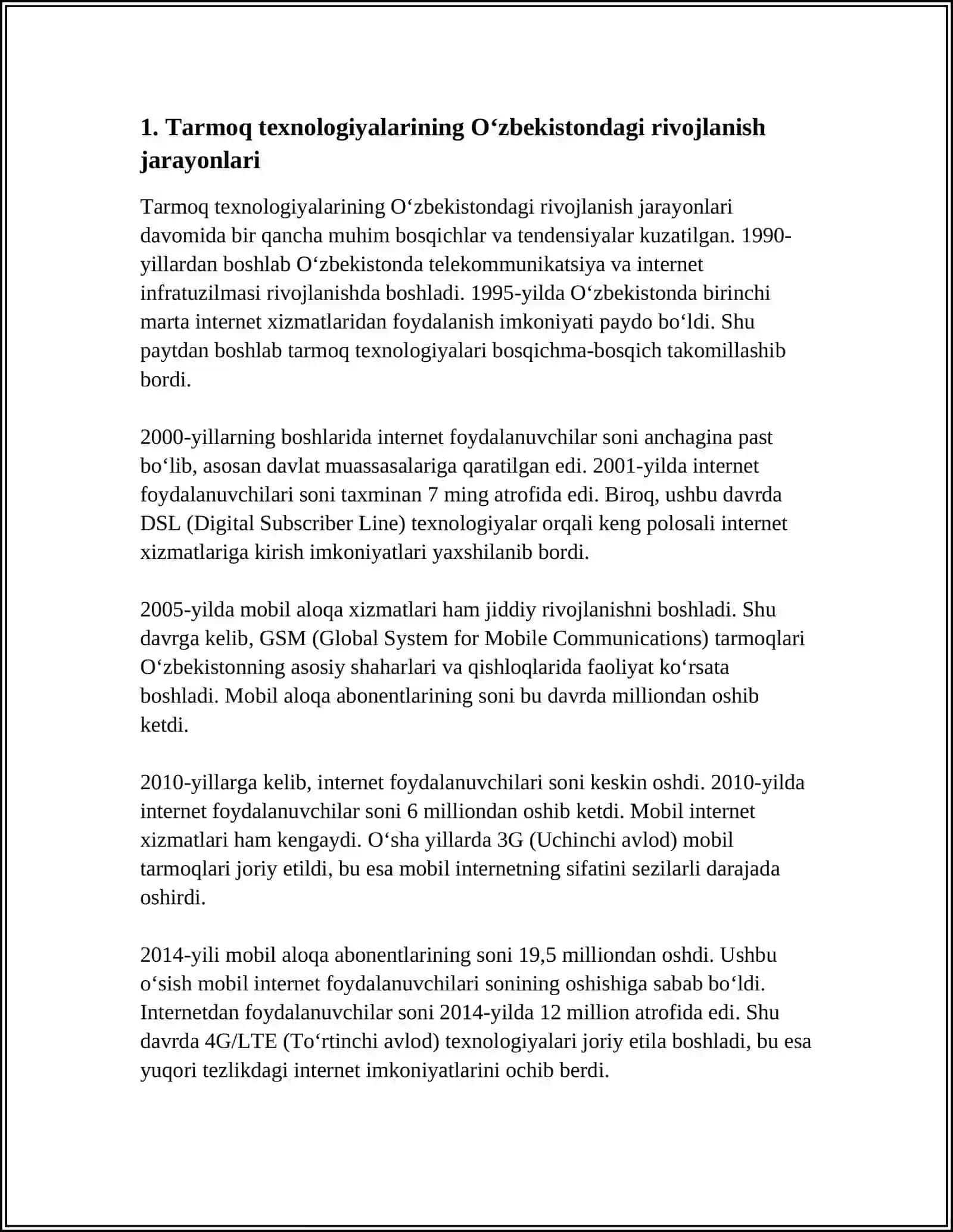 OʻZBEKISTONDA TARMOQ TEXNOLOGIYALARINI RIVOJLANISHI VA IQTISODIYOTDAGI SAMARADORLIGI 3