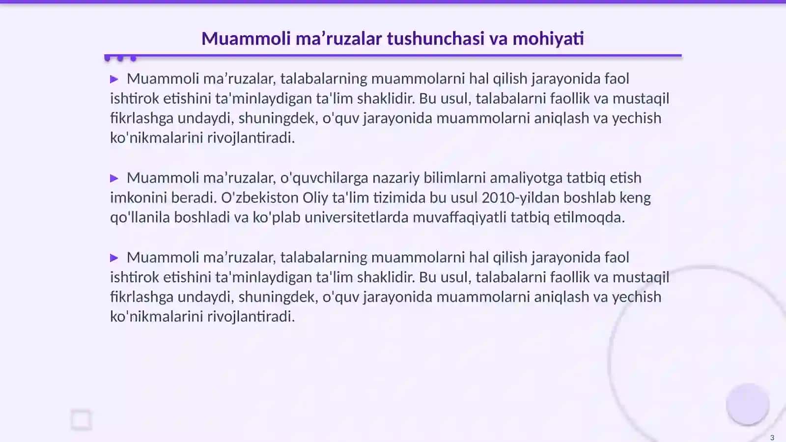 Oliy taʼlimda muammoli maʼruza oʻtish usullari 3