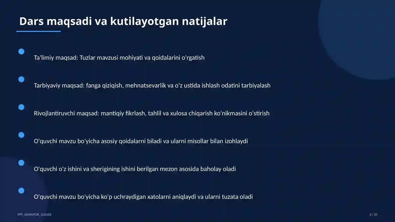 Tuzlar (8-sinf) Kimyo (7–11) metodik birlashma uchun 3