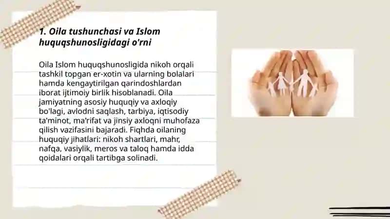 Islom huquqshunosligida oila, nikoh, taloq, idda, zohir tushunchalarni taʼriflash 3