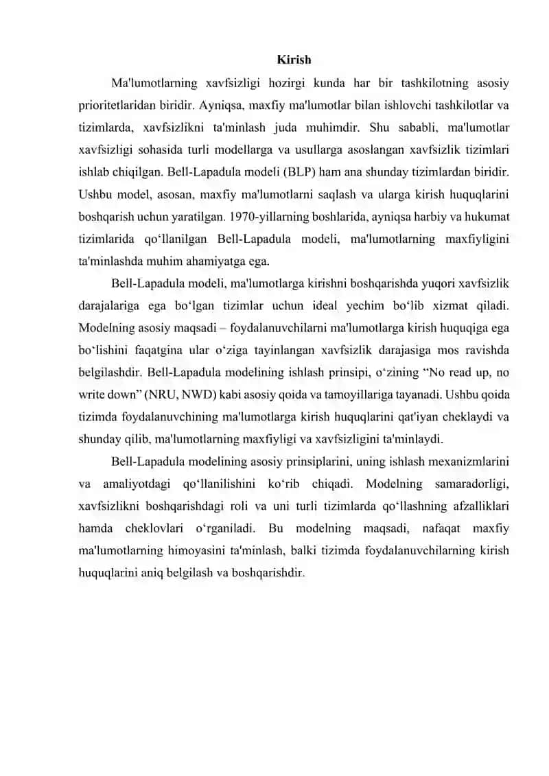 Bell-LaPadula modelining RBAC yordamida takomillashtirilgan versiyasi va uning afzalliklari 3