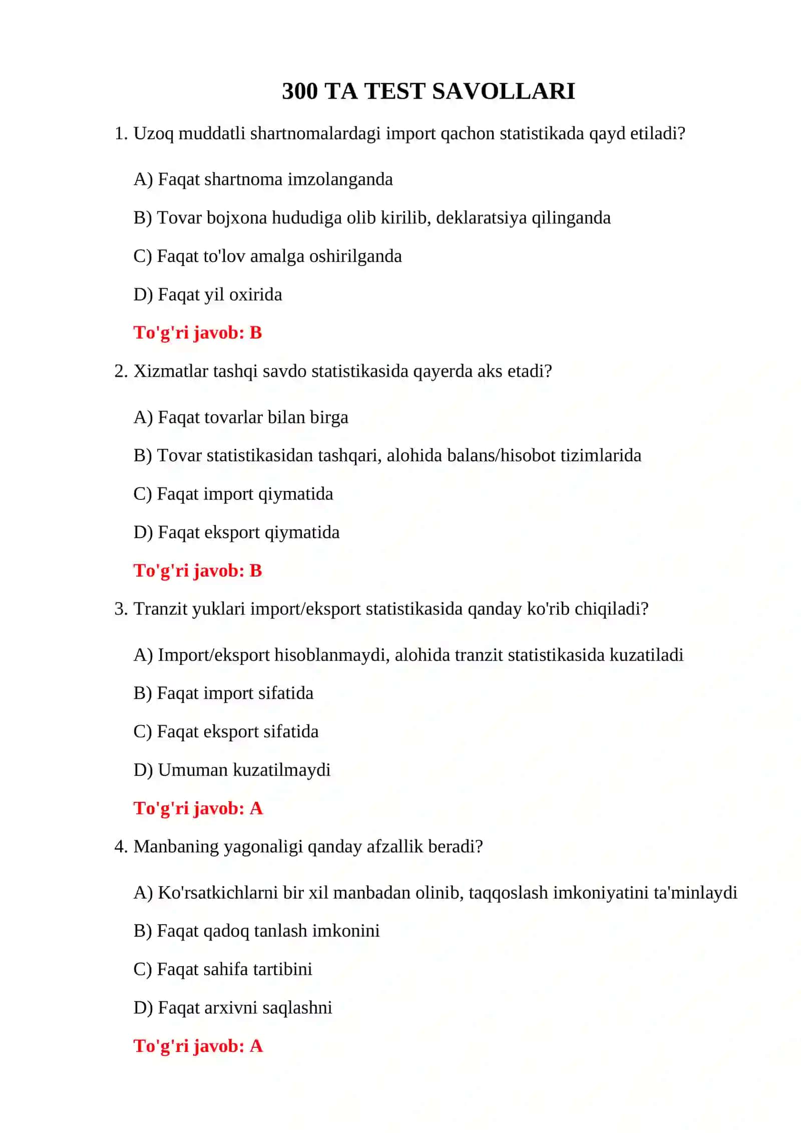 BOJXONA STATISTIKASI 300 TA TEST 3