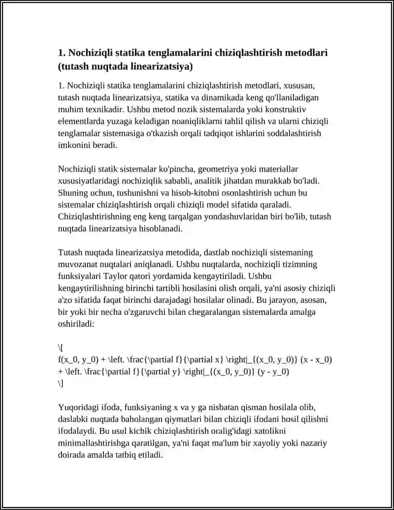 STATIKA VA DINAMIKANING NOCHIZIQLI TENGLAMALARI BO’YICHA CHIZIQLI MODELLARNI TUZISH 3