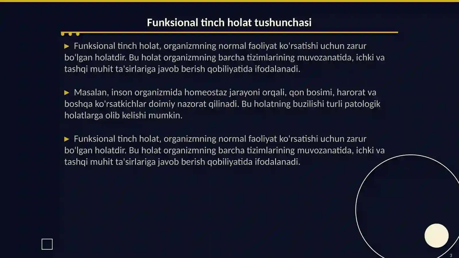 Funksional tinch holat.Tibbiyotda organning funksional elementi. Bez toʻqimasing fiziologiyasi 3