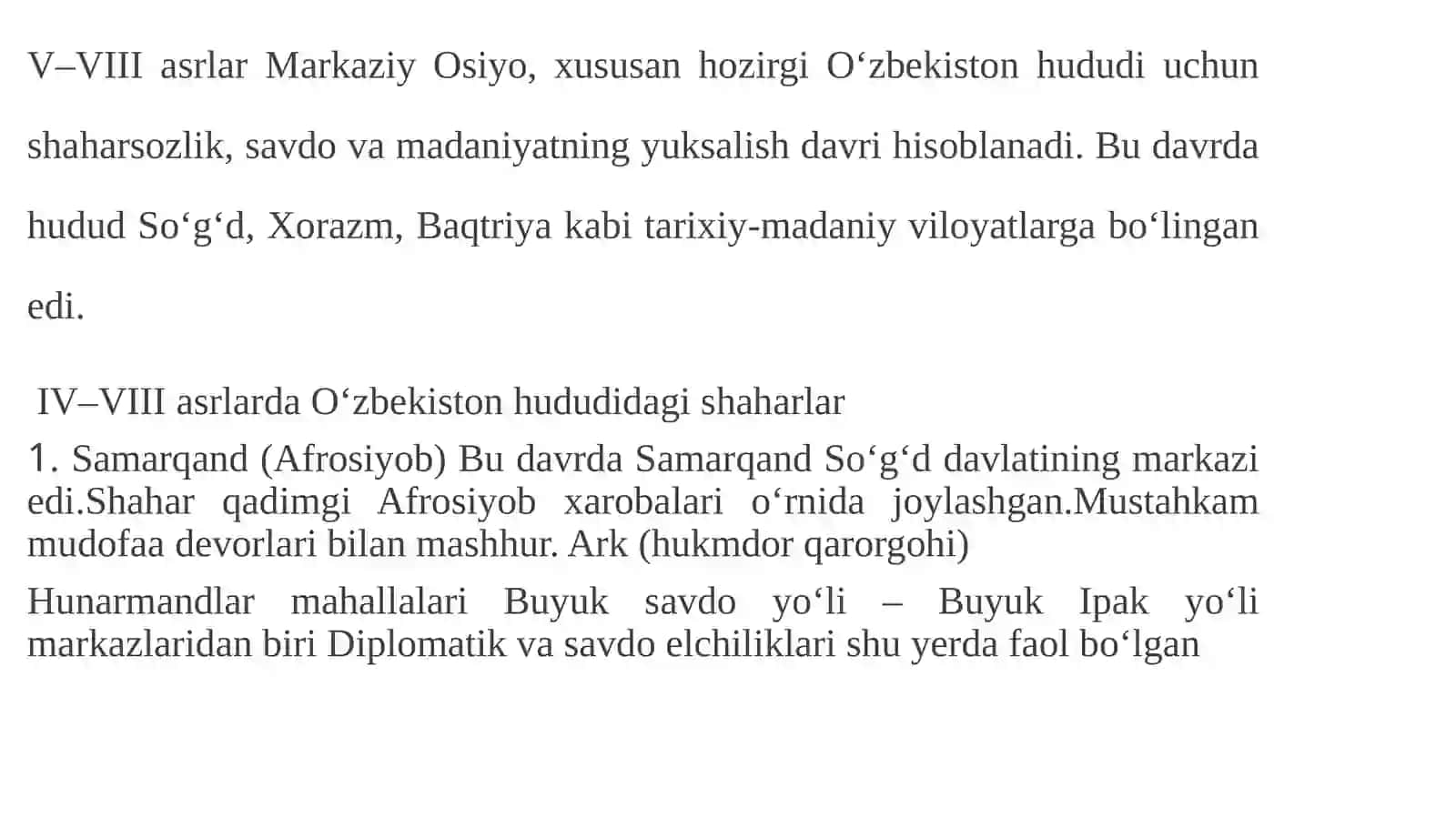 V–VIII asrlarda O‘zbekiston hududidagi tarixiy shaharlarning o‘ziga xos xususiyatlari.IX-XII asrlar ilk Renessans davrida O‘zbekiston hududidagi shaharlar taraqqiyoti 3