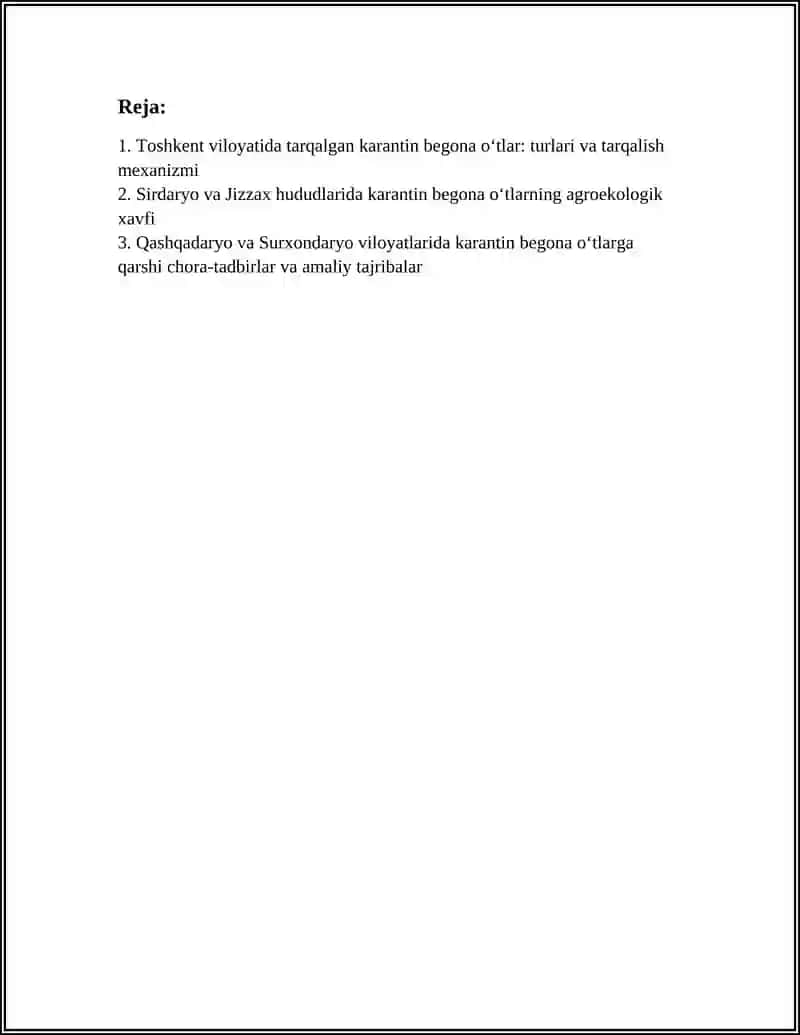 OʻZBEKISTON RESPUBLIKASINING AYRIM HUDUDLARIDA TARQALGAN KARANTIN BEGONA OʻTLAR MAVZUSIDA REFERAT TAYYORLANG 3