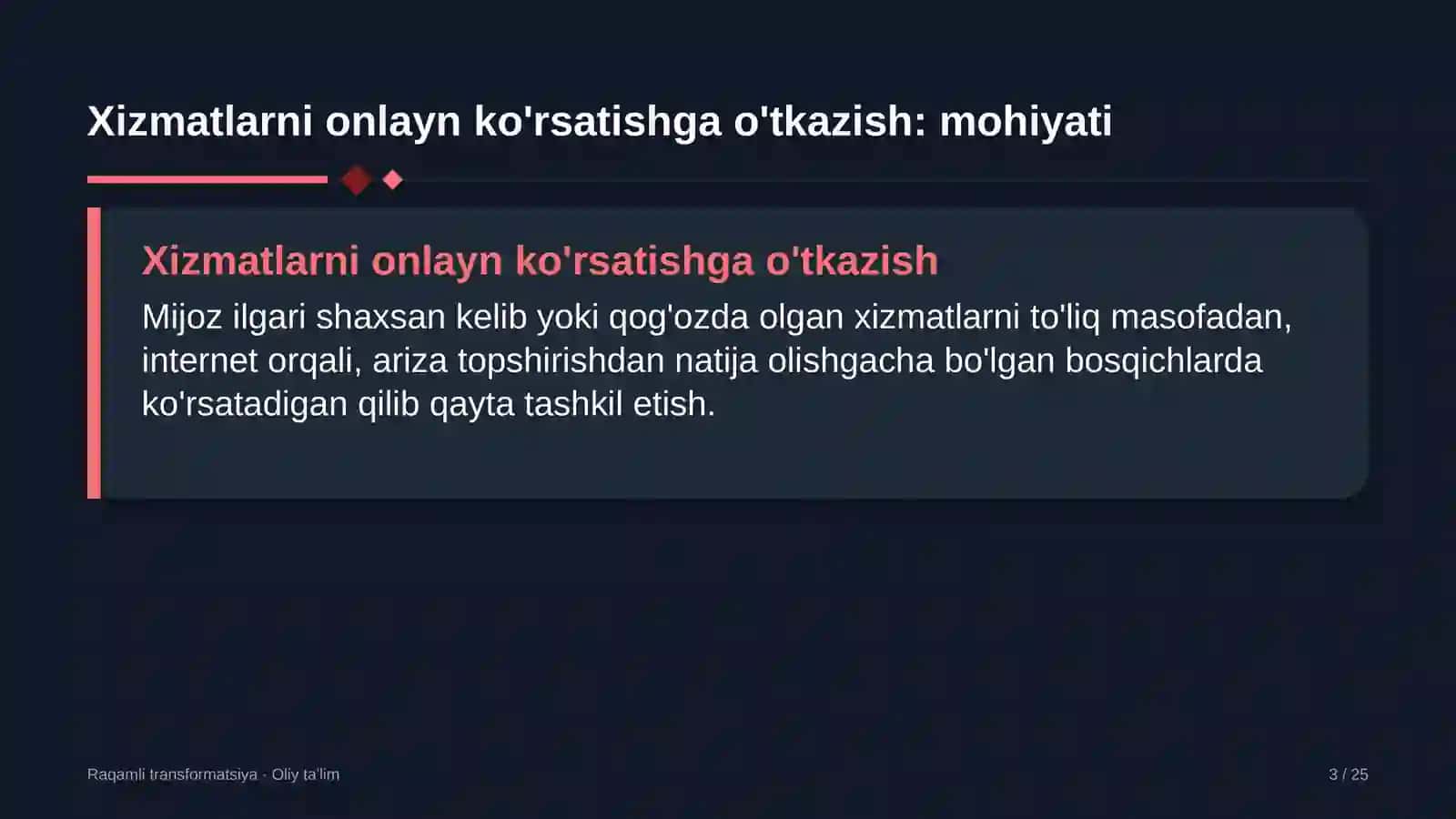 yo'l qurilishida xizmatlarni onlayn ko'rsatishga o'tkazish 6830 3