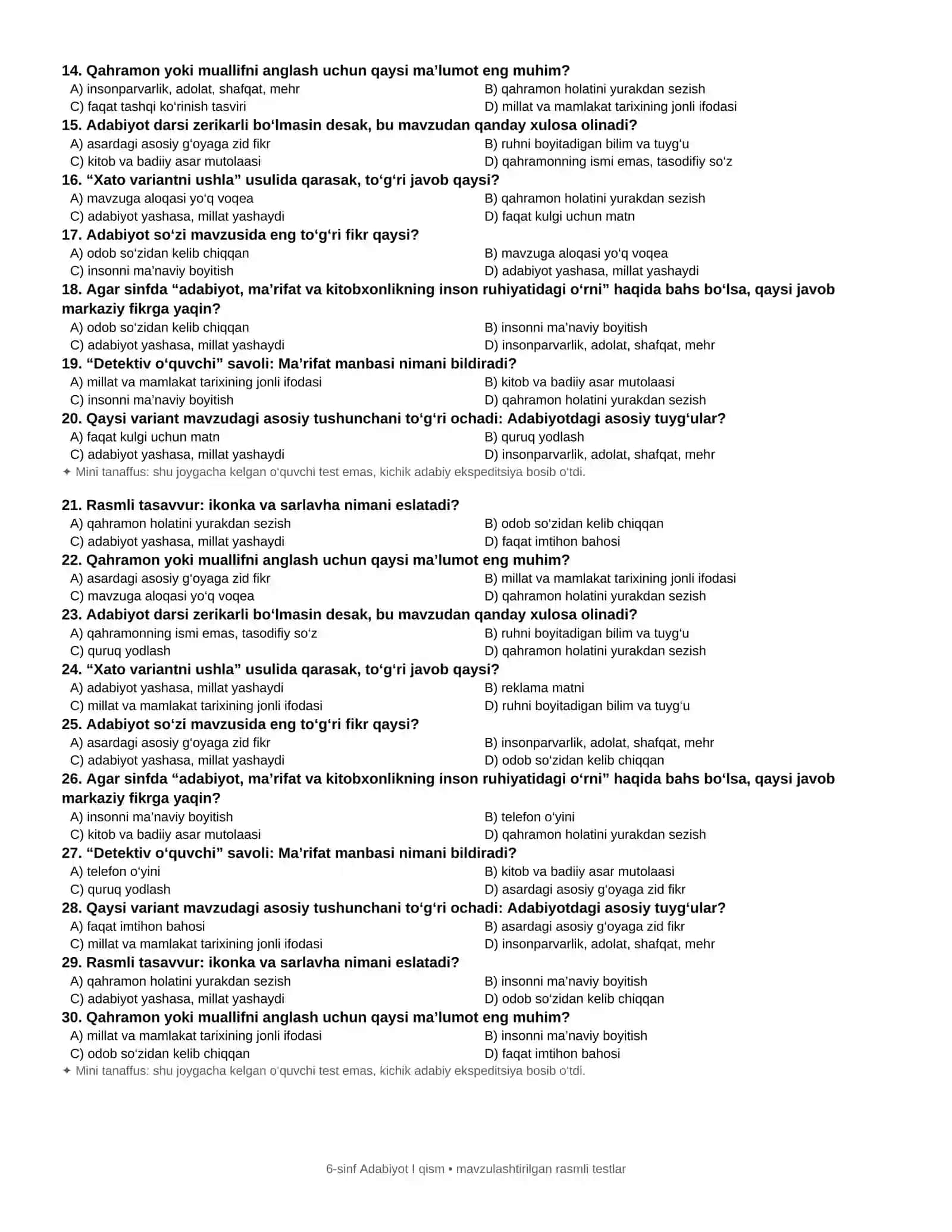 6-SINF ADABIYOTI 1-QISM BO'YICHA MAVZULASHTIRILGAN KREATIV TESTLAR 3