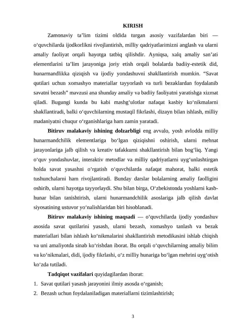 SAVAT QUTILARI UCHUN XOMASHYO MATERIALLAR TAYYORLASH VA TURLI BEZAKLARDAN FOYDALANIB SAVATNI BEZASH 3