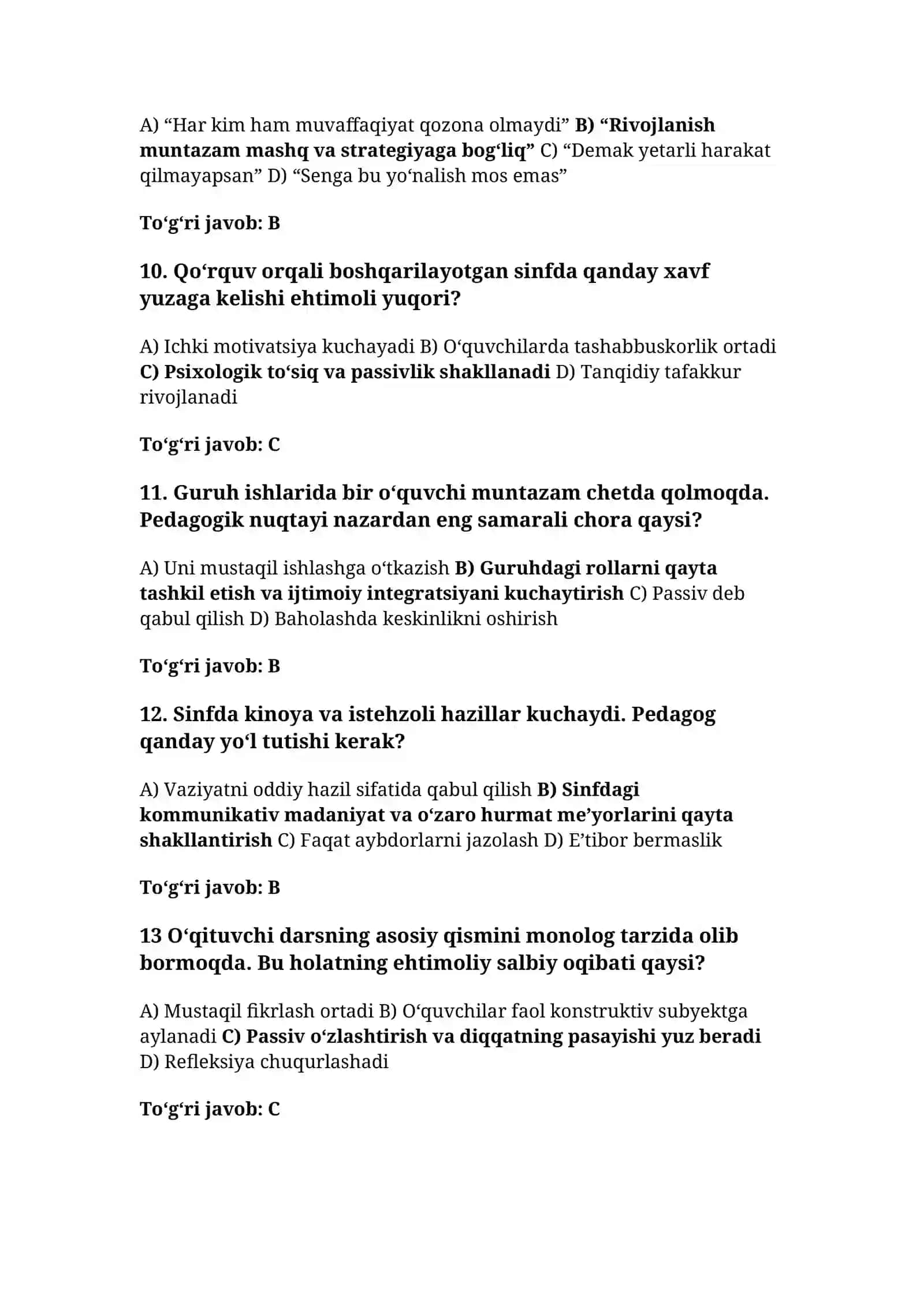 O‘qituvchilarning Toifa attestatsiyasi uchun PEDAGOGIKA VA PSIXOLOGIYA ASOSIDA tuzilgan testlar 3